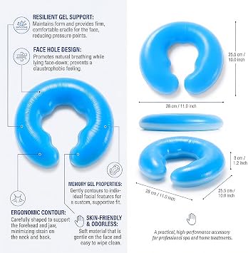 EXCEART Face Down Pillow for Massage Table, U Shaped Massage Headrest for Bed, Ergonomic Face Hole Design, Comfortable Head Support, Blue Silicone