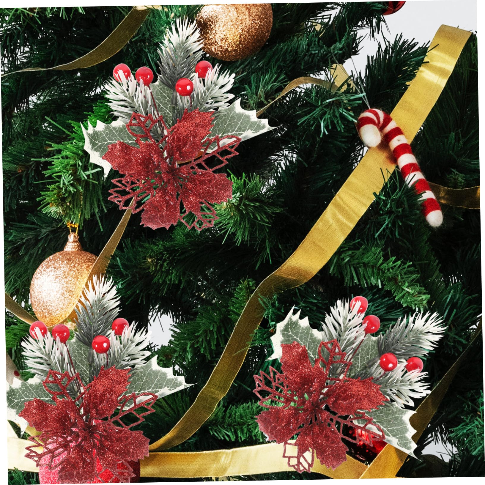 Amazon｜PRETYZOOM 4個 クリスマス ポインセチア 花 グリッター