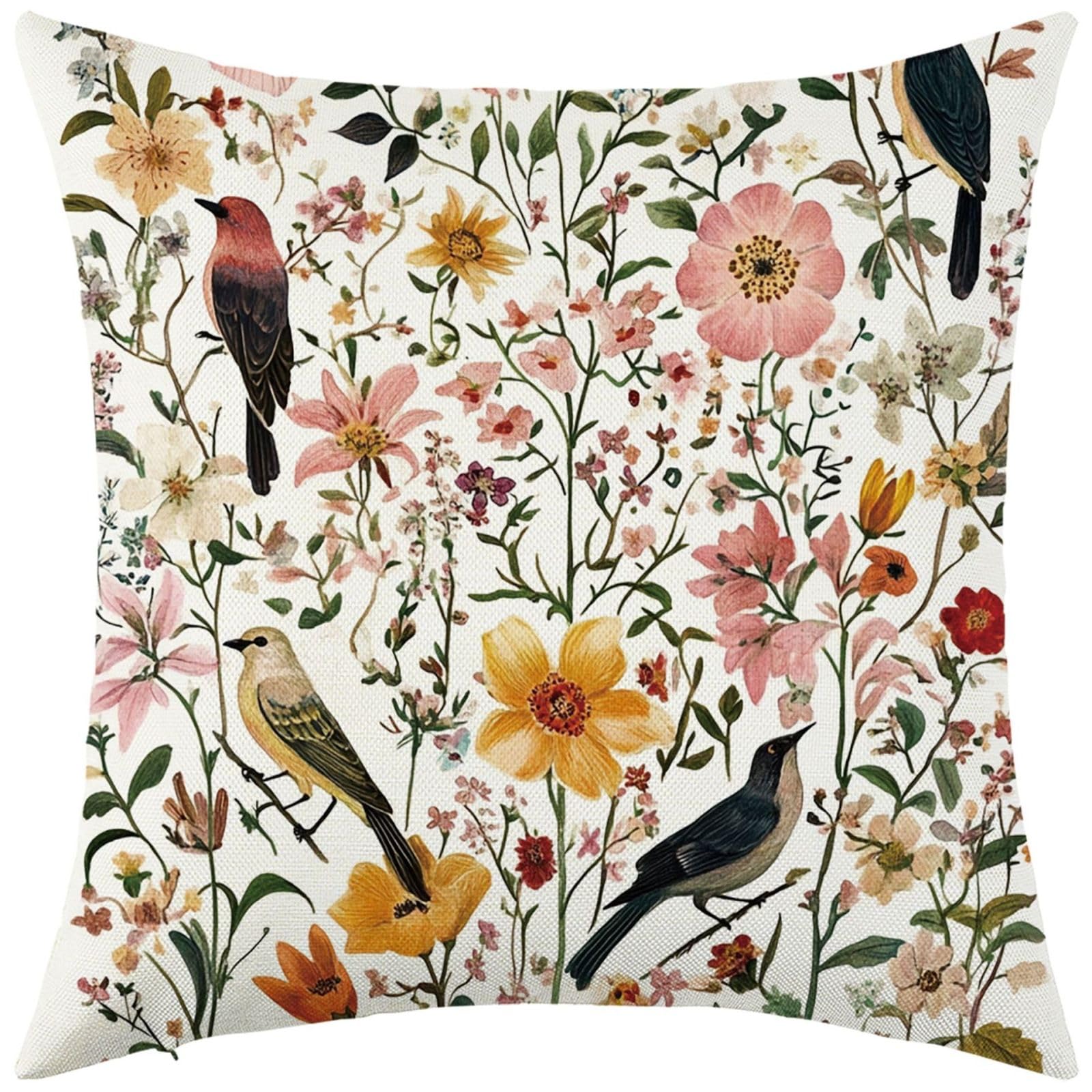 Cushion Covers 50cm x 50cm Pink Flower Bird Decorative Pillows with Invisible Zipper Garden Cushions Square Linen Scatter Cushions Comfortable Breathable Pillow Cover
