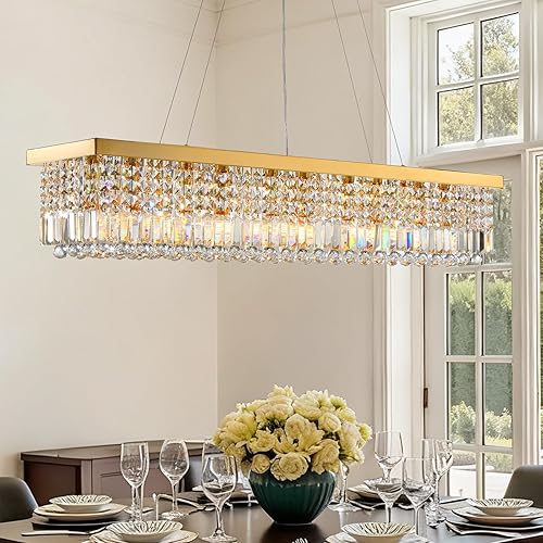 Miniatura 14 de Candelabros modernos de cristal para comedor, cocina, isla, lámpara rectangular de 8 luces para sala de estar, 39.4 pulgadas de largo, acabado Cromo