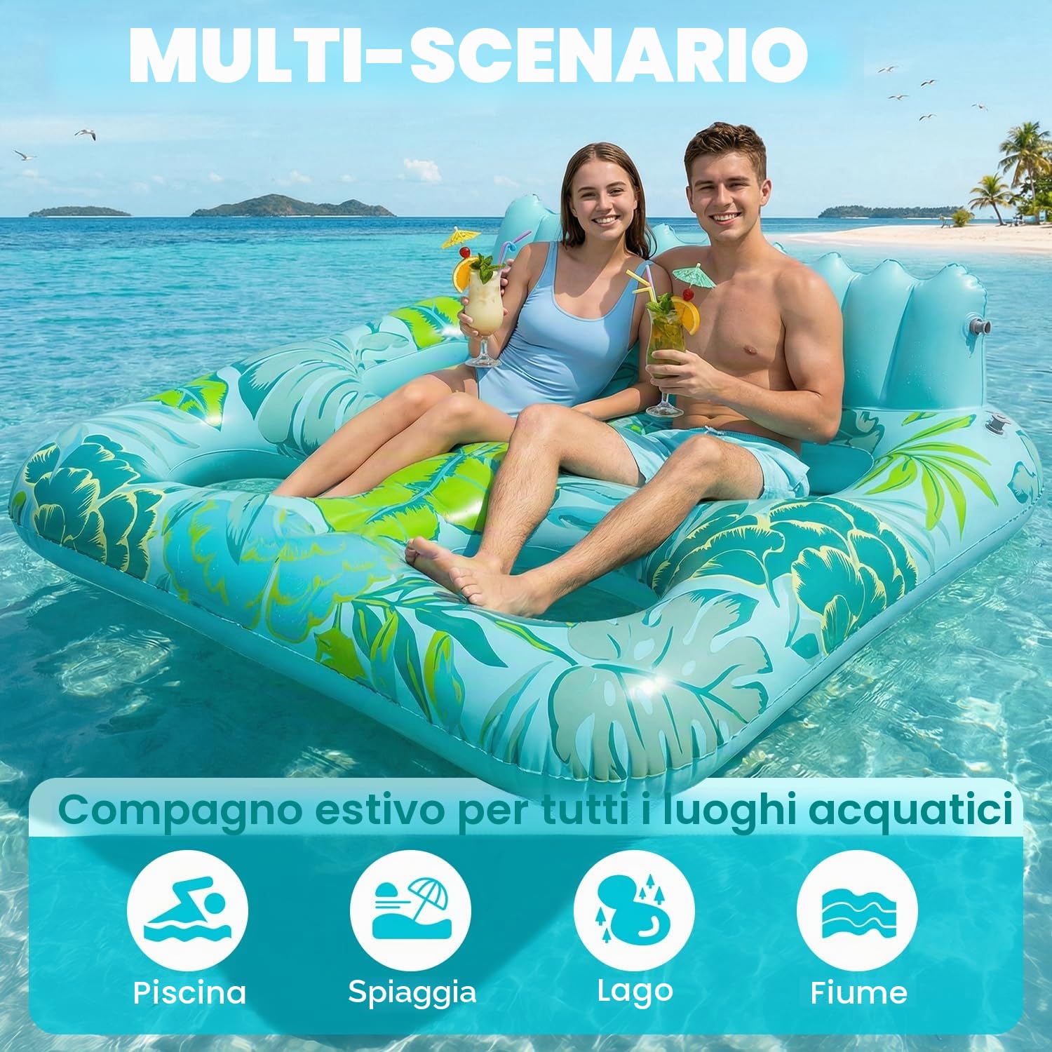 SOLAVERO Materassino Gonfiabile Piscina, 180 × 156 cm Lettino Gonfiabile Piscina 2 Posti con Portabevande e Poggiatesta, Materassino Abbronzante per Spiaggia e Acqua Festa