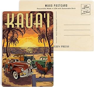 Kauai, Woodies on the Beach with Rooster (4x6 Birch Wood Postcards, 2-Pack Stationary, Rustic Home Wall Decor)