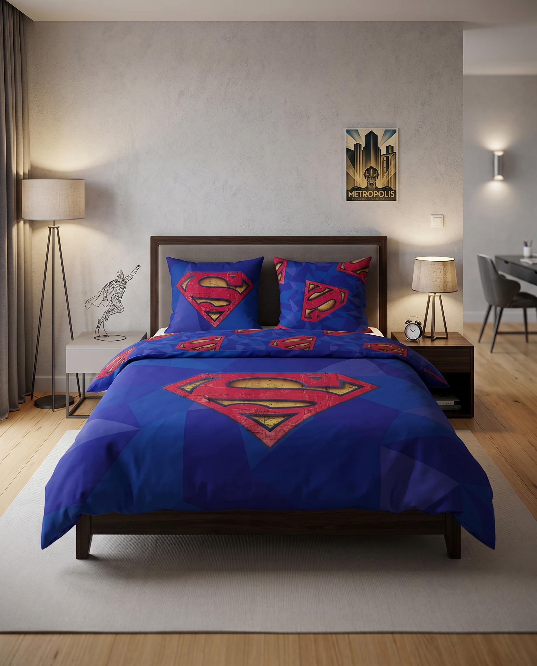 Aymax Superman Double Bed Linen Set, Reversible Duvet Cover 240 x 220 cm + 2 Pillowcases 65 x 65 cm, Blue, Polycotton