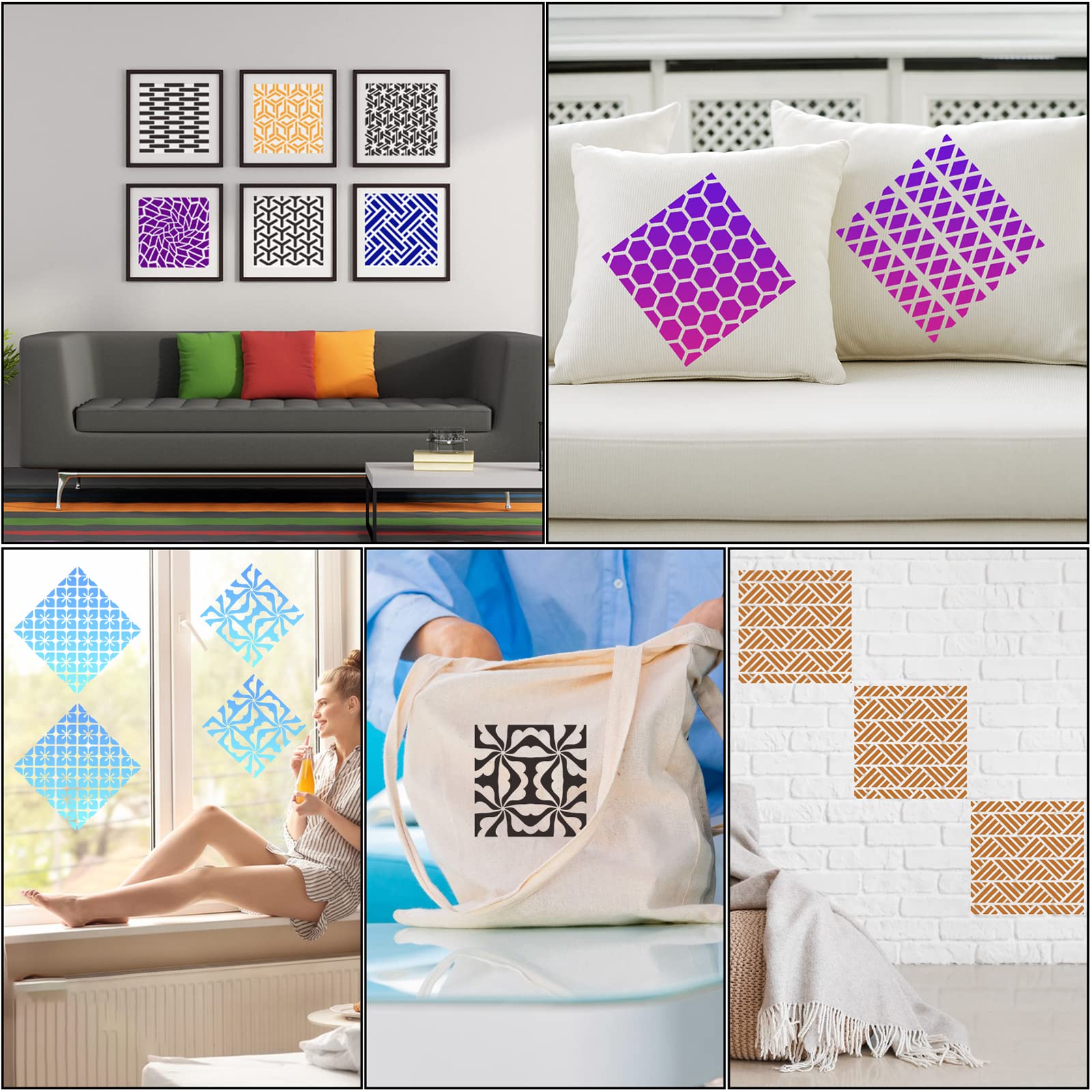 6 Stencil Geometrici Riutilizzabili - 15x20cm, Plastica PET, Per Pareti, Legno, Fai-Da-Te