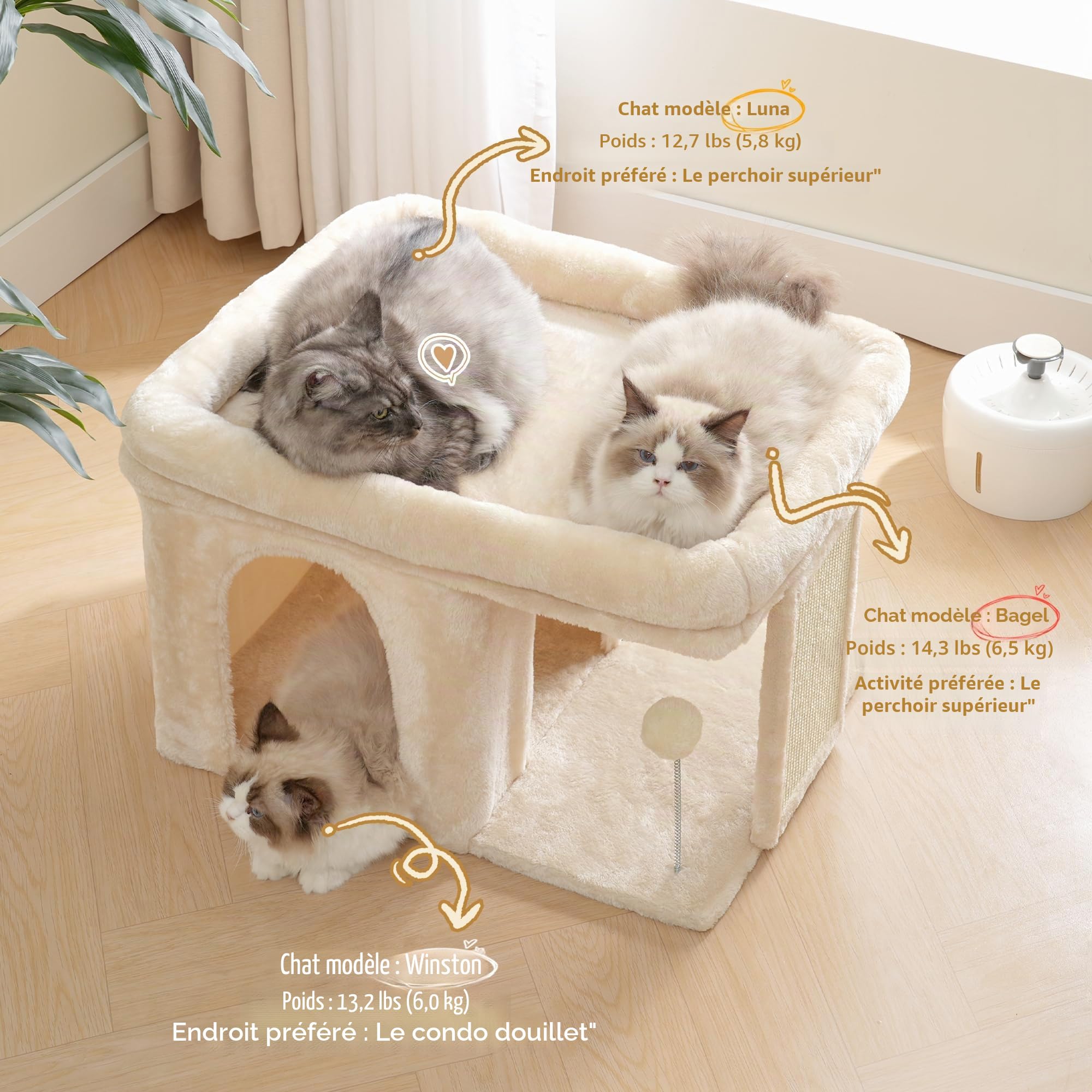 Heybly Arbre à Chat, Tour de 35 cm avec Grande Plateforme de Repos et Cabane pour Chats Adultes d'Intérieur, Poteaux à Griffes et Balle à Ressort Interactive Inclus, Beige HCT203SM