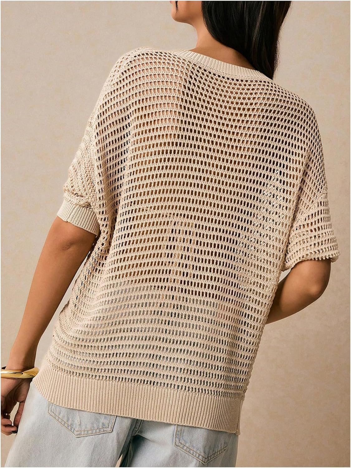 Women's Dolman Sleeve Crochet Sweater Hollow Out Half Button Sheer Knit Tops Beach Cover Ups - Image 3