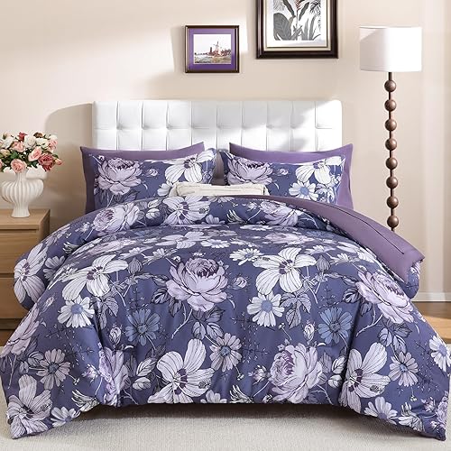 Luxudecor King Comforter Set 7 Pieces Bedding Sets,Grayish Purple Floral Comforter and Sheet Set,Soft Microfiber Bed in a Bag for All Seasons (Grayish Purple,104"x90")