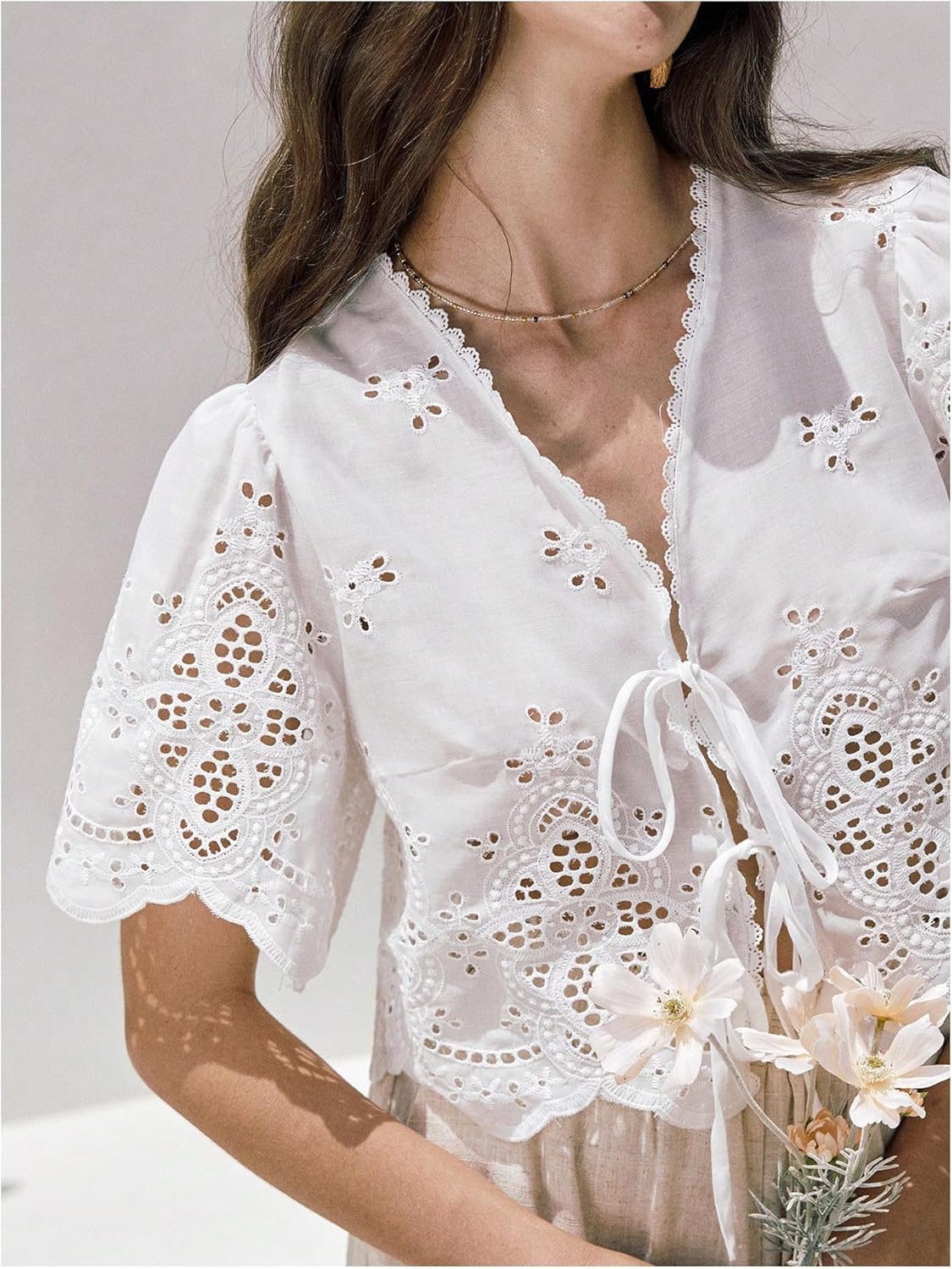 SOLY HUX Women's Hollow Tie Front Crop Tops Ruffle Short Sleeve V Neck Summer Blouse Shirts - Image 3