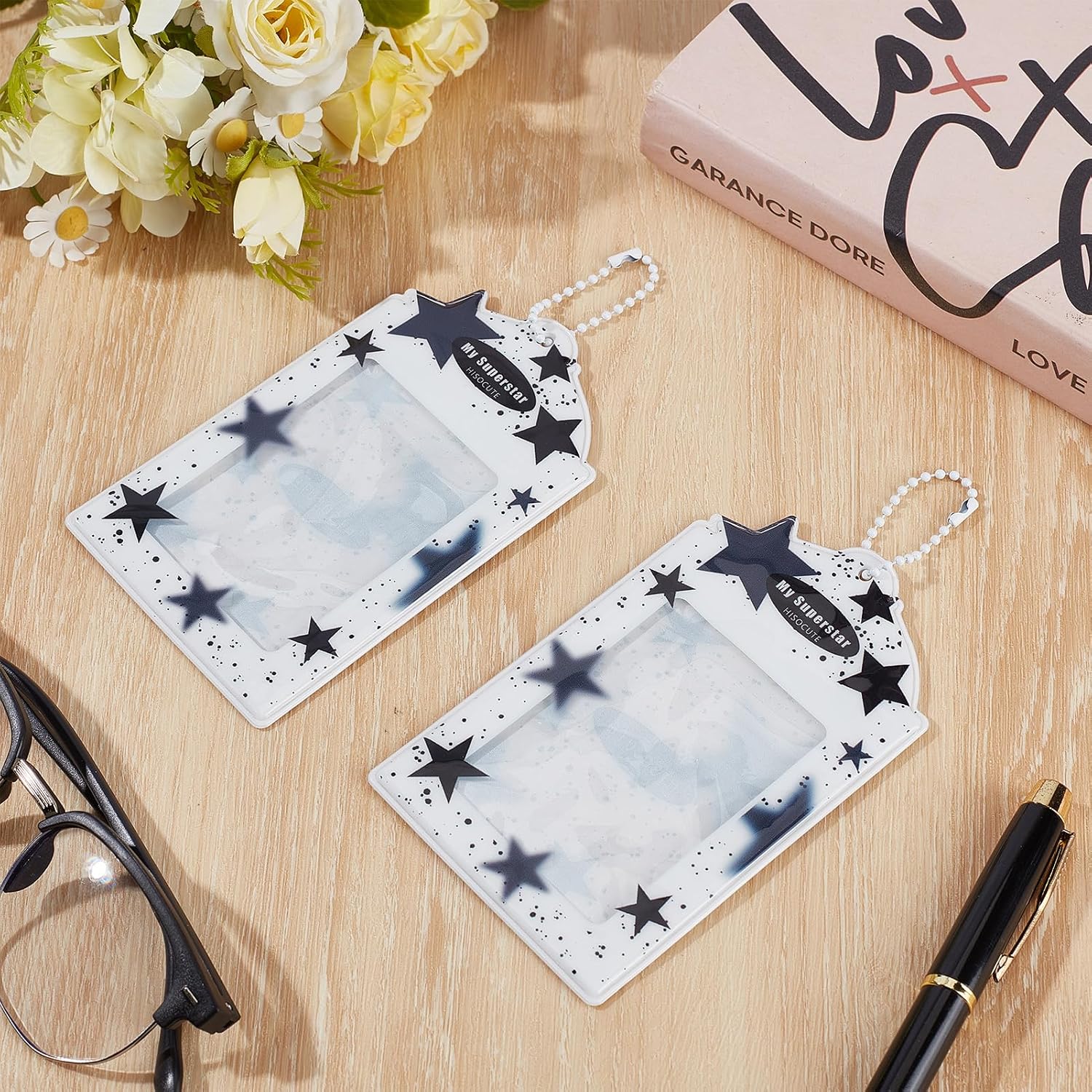 NICENEEDED 2Pcs Black Star Kpop Photocard Holders, PVC 3 Inch Hanging Card Protector Sleeve, Rectangle Name Card Holder Keychain with Ball Chain for Picture Photo Album Credit ID