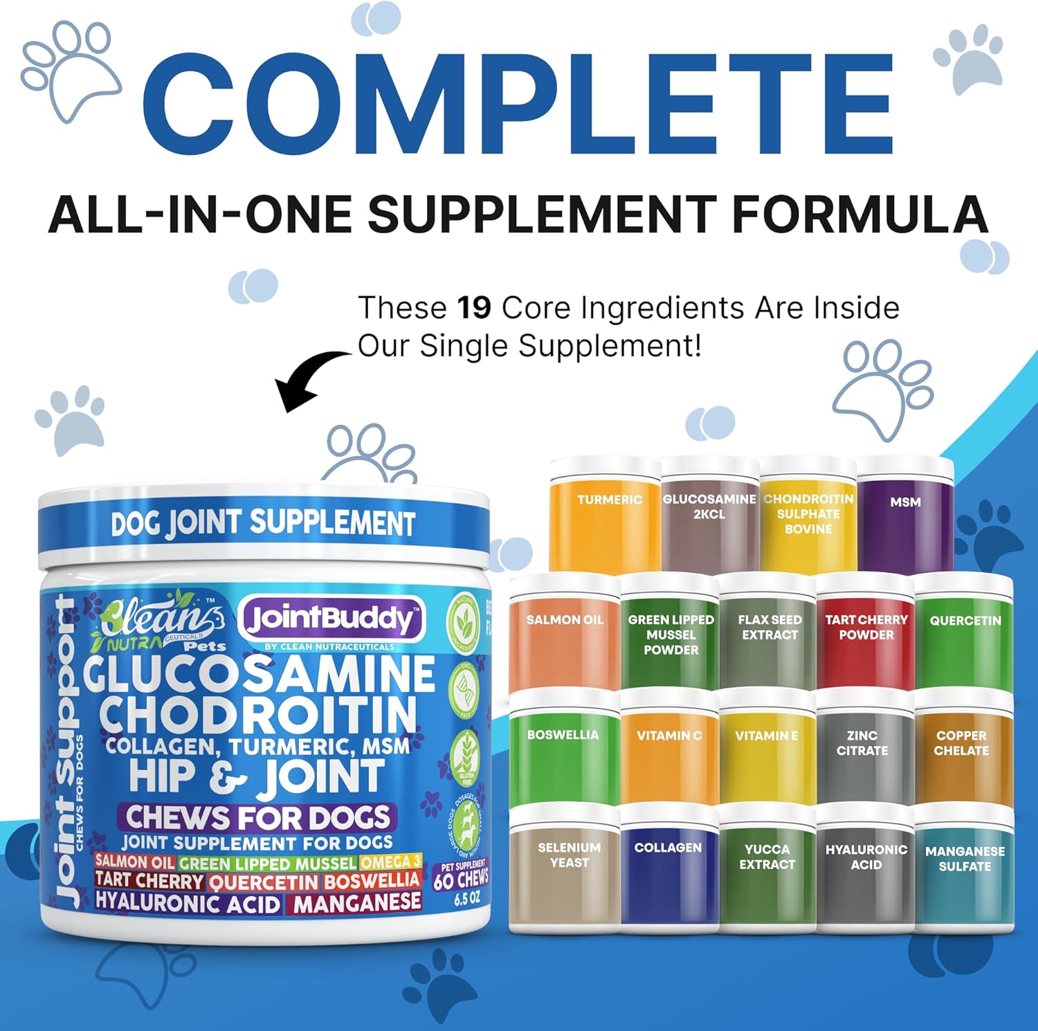 JointBuddy Glucosamine Chondroitin Joint Supplement for Dogs Salmon Oil MSM Tart Cherry Omega 3 6 9 Fish Oil Hyaluronic Acid Supplements & Collagen for Dogs 60 Chews Beef Flavor by Clean Nutra Pets