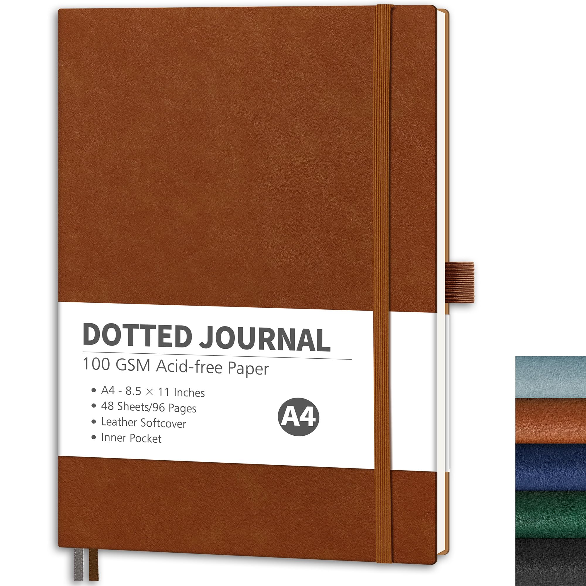 RETTACYBullet Dotted Journal, A4 Dotted Notebook Journal with 96 Pages, 8.5'' × 11'', Large Size, 100 GSM Thick Paper, Leather Softcover, Bullet Journaling, Planning, Tracking (Brown)