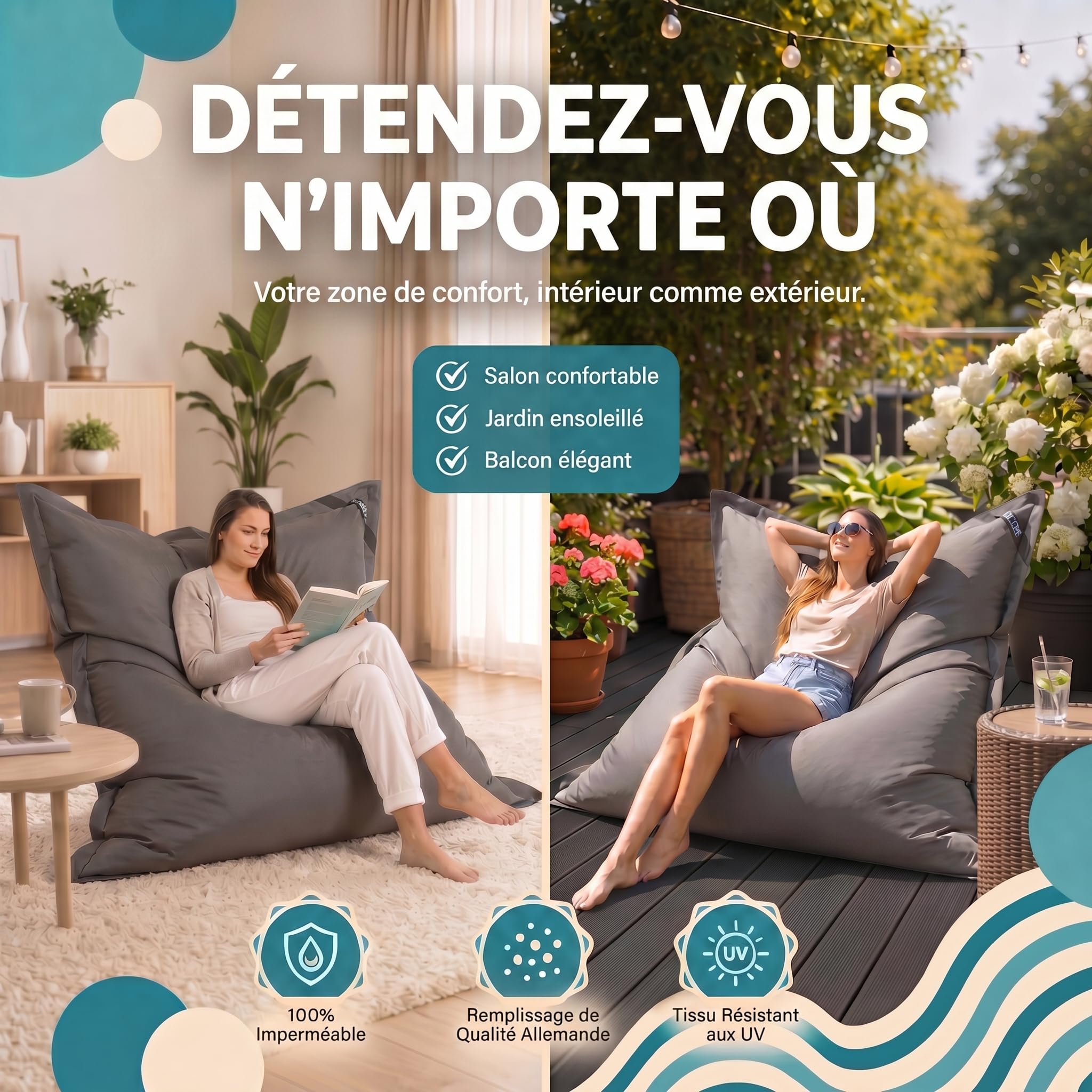LAZY BAG® Pouf Géant XXL 180x140 cm - Bean Bag Extérieur (Nylon, Gris) | Nylon imperméable, double couture, housse lavable - intérieur & extérieur, salon, balcon, jardin