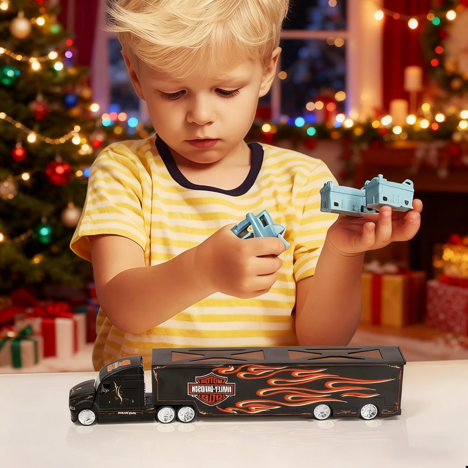 Semi Truck Toy with Trailer, 1/64 Scale Alloy Metal Diecast Heavy Semi Truck Trailer Head Toy Model, MAx Diecast Tow Traktor Gift for Boy Kids Grandkids Christmas Birthday -Black