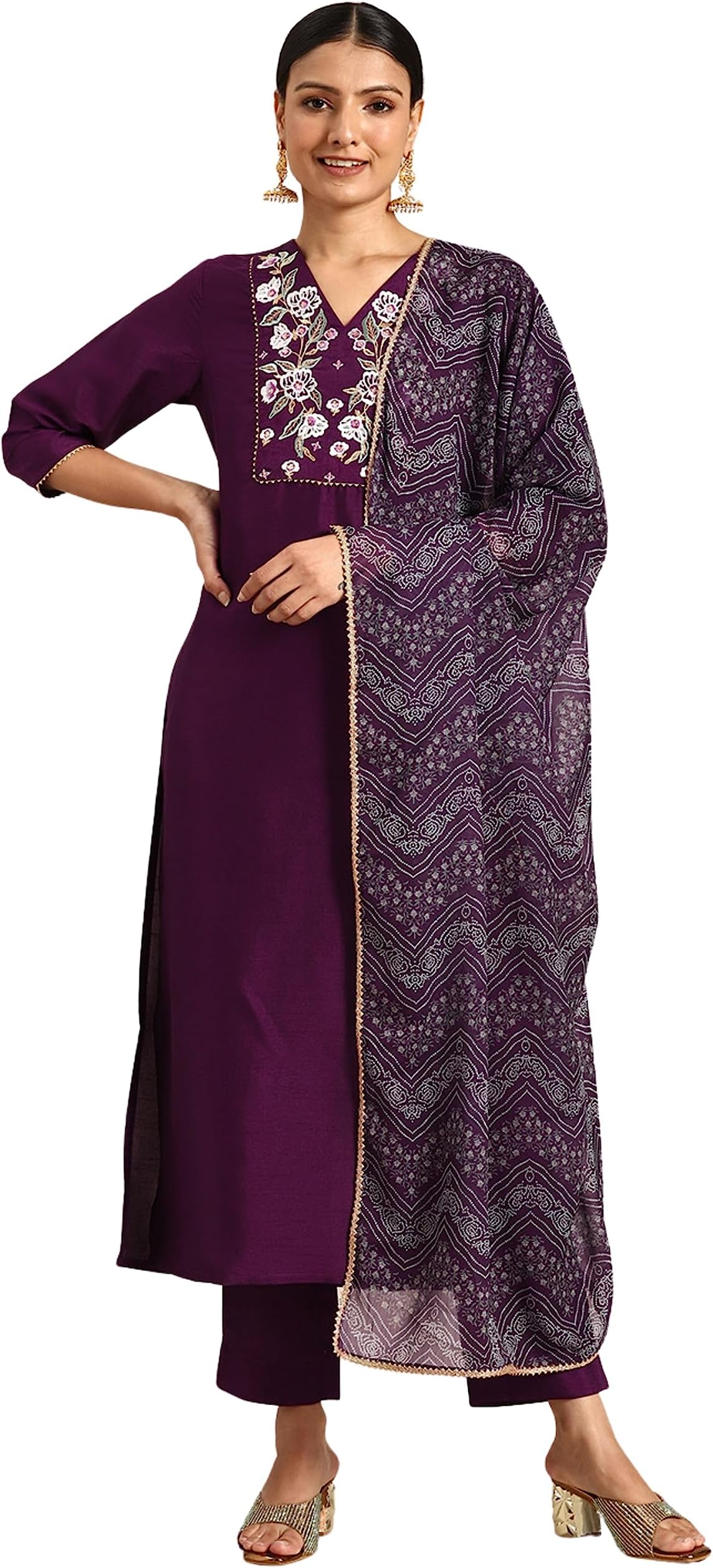 Janasya Indian Women's Purple Crepe Silk Yoke Embroidered Kurta with Pant and Dupatta