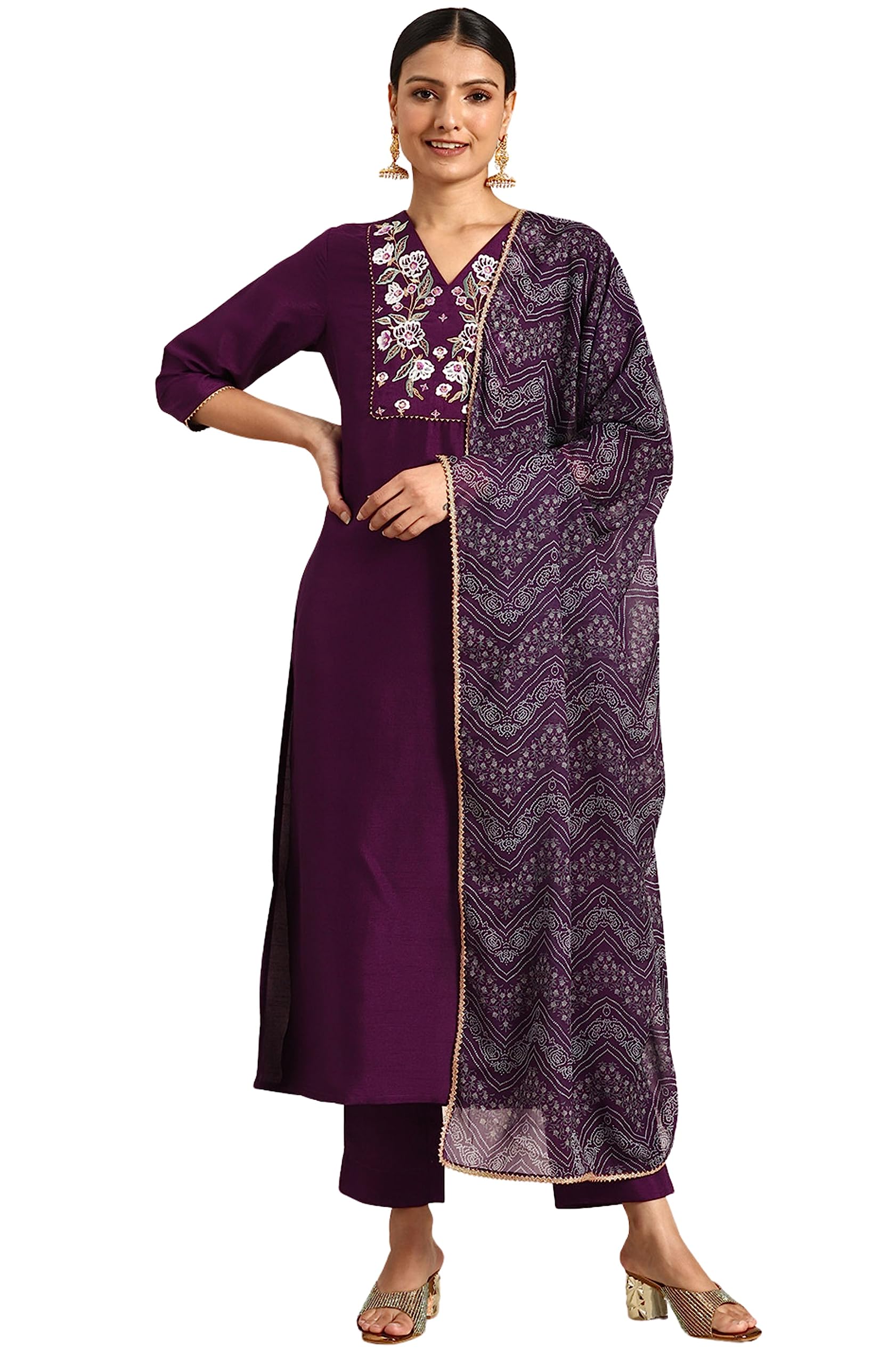 Janasya Indian Women's Purple Crepe Silk Yoke Embroidered Kurta with Pant and Dupatta