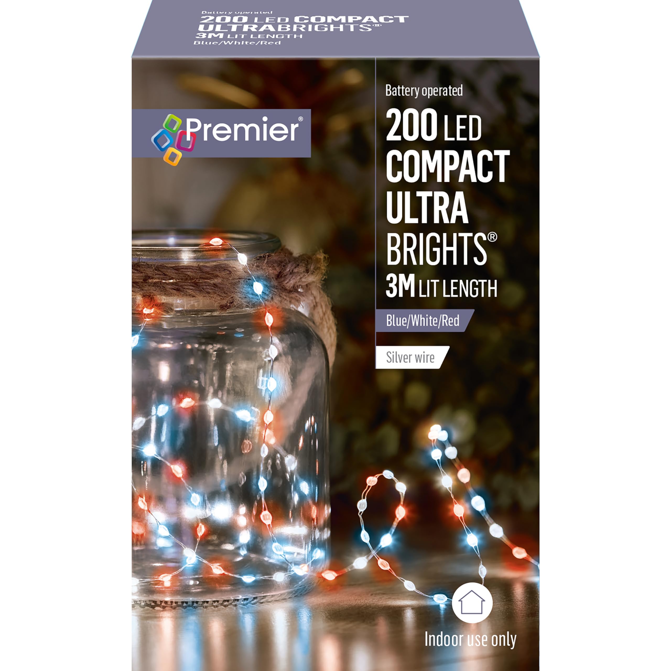 Premier Decorations 200 Blue White Red LED Compact Ultrabright Silver Wire Battery Operated Lights 3m Lit Length