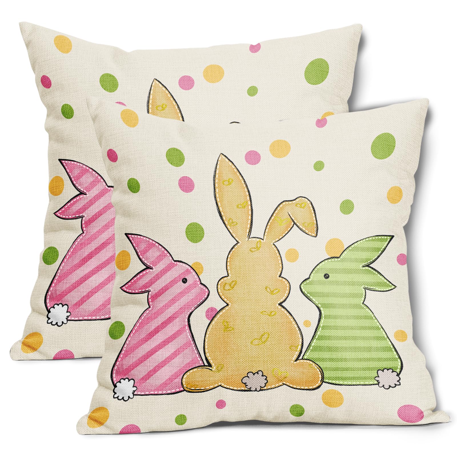 aportt Easter Bunny Pillow Covers 18X18 Inch Set of 2 Pink Yellow Green Peeps Decorative Pillow Cases Pastel Polka Dot Farmhouse Cushion Case Spring