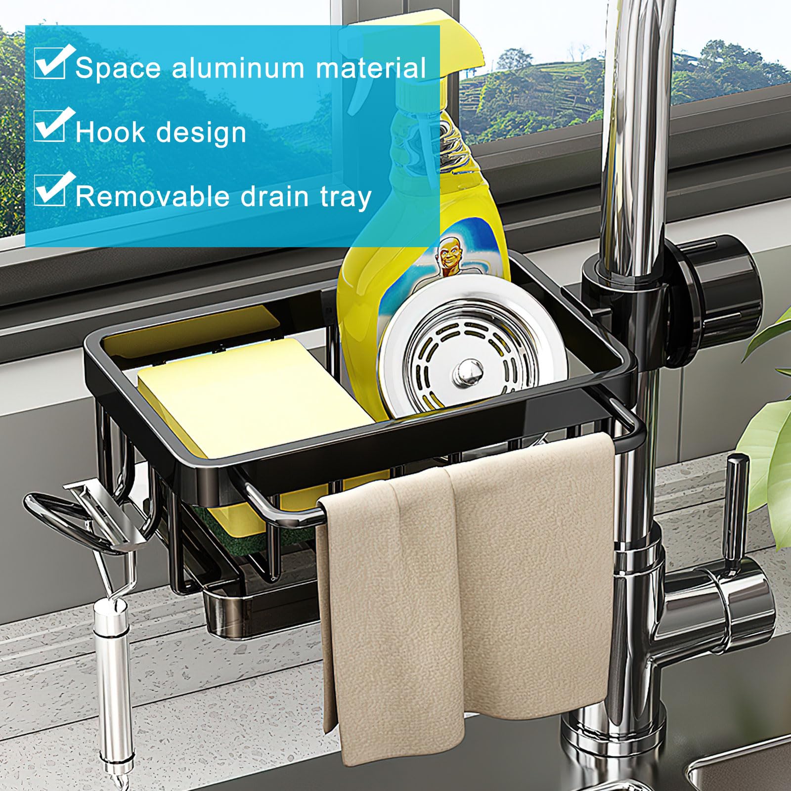 Organisateur D'Évier Sans Perçage - Support Robinett Avec Porte-Éponge - Aluminium Spatial Pour Cuisine/Salle De Bain