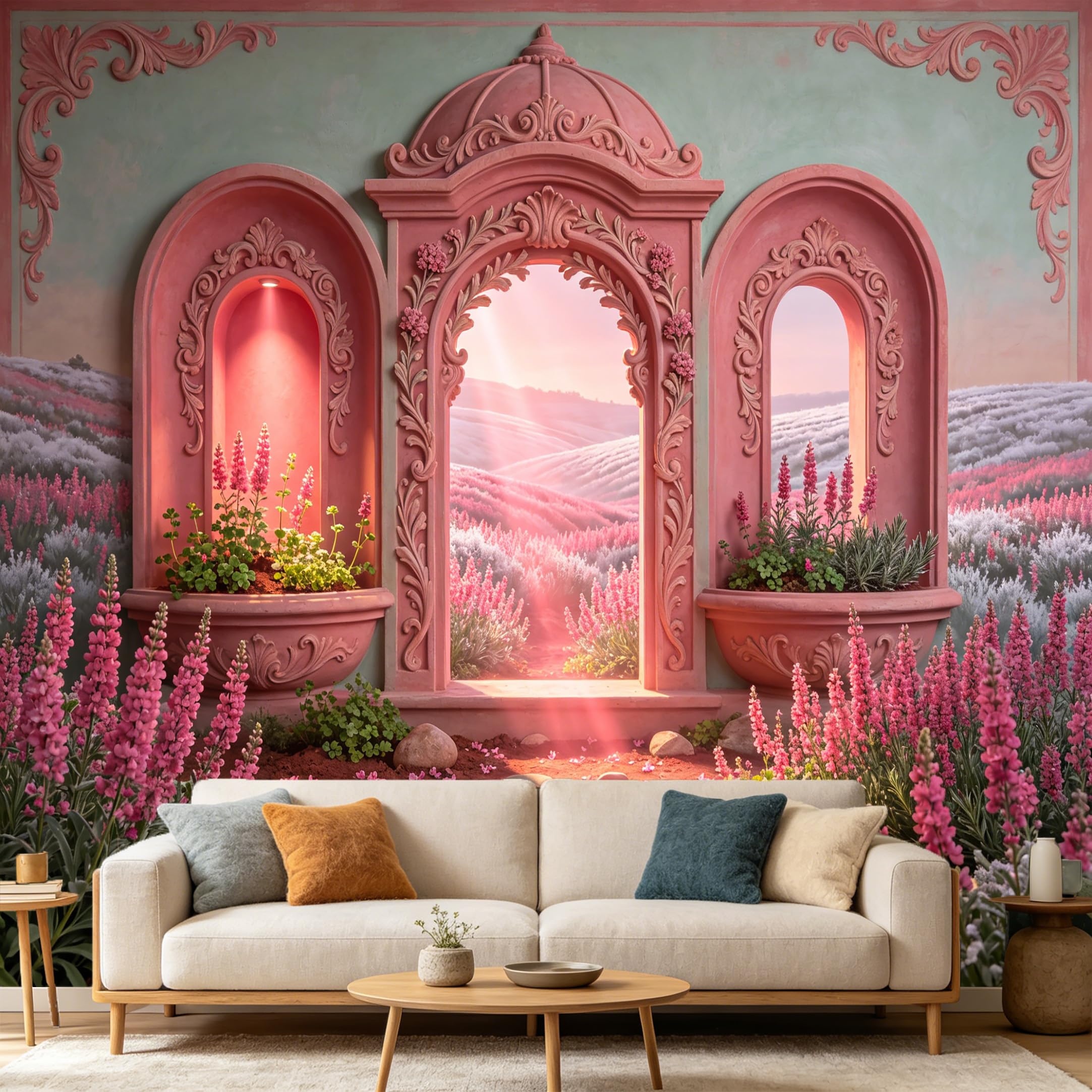 Custom Size Wall Mural， Pink Archway Floral Meadow Scenery， 3D Trompe L'Oeil Aesthetic， SelfAdhesive Art Prints wall Fabric Removable Large Wallpaper Home Living Room Decor