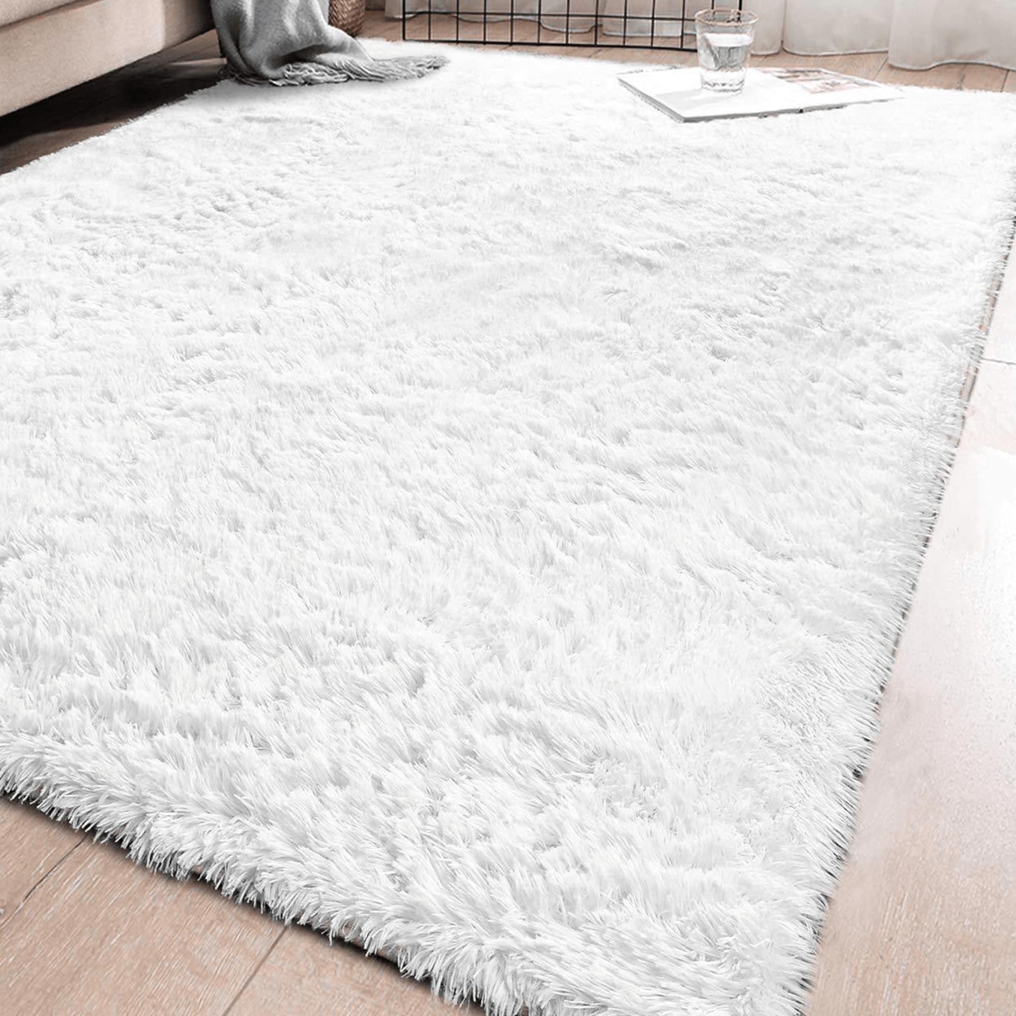 Flauschig Hochflor Teppich 260 x 280 cm Flauschige Flauschige Teppiche Wohnzimmer Uni Seidenglanz Flauschig für Schlafzimmer, Küche, Flur, Weiß