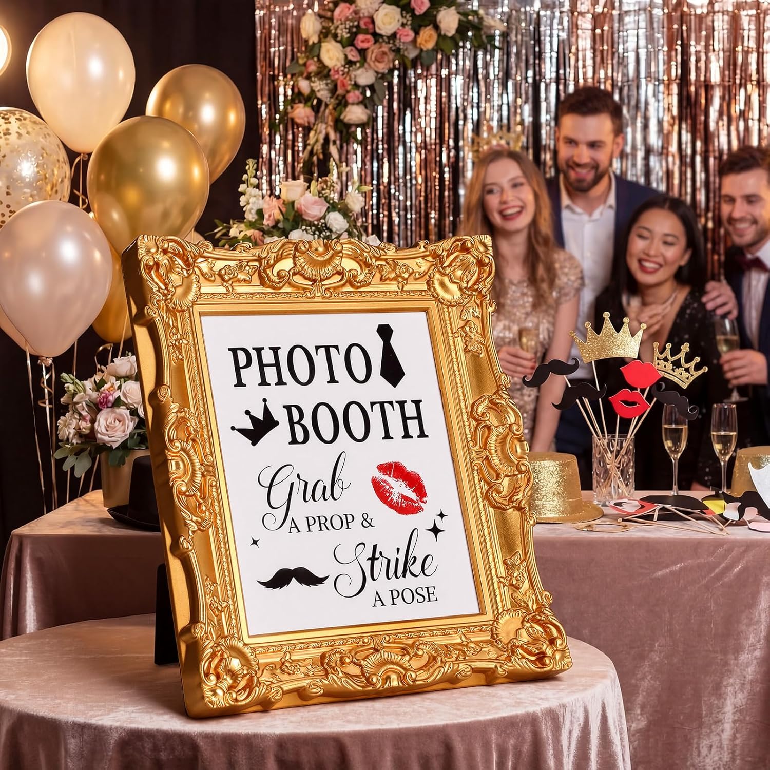 Qunclay Vintage Wedding Photo Booth Sign with Gold Frame Retro Resin Photo Booth Stand for Props Background Table for Indoor and Outdoor Wedding Party Supplies Photography Props Desktop Decoration