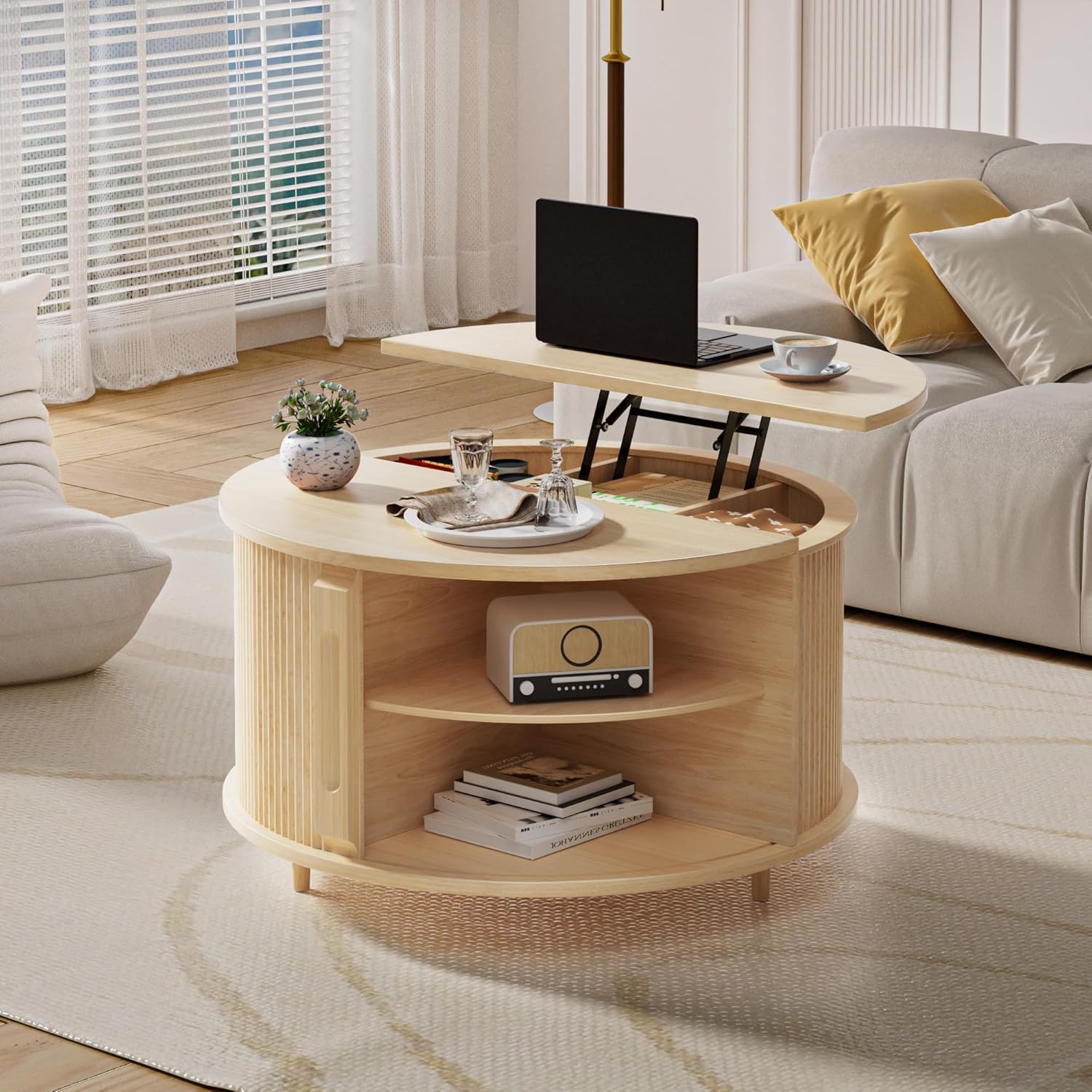 Round Lift Top Coffee Table, 34.6" Fluted Coffee Table with Sliding Door & Hidden Storage, Modern Wood Center Table for Living Room, Apartment & Small Space, Mid Century Round Table Natural Oak