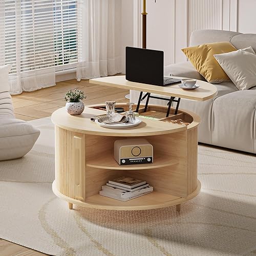 Miniatura 9 de Mesa de centro redonda con parte superior elevable, mesa central de madera estriada de 31.5 pulgadas con puerta corredera y almacenamiento oculto,