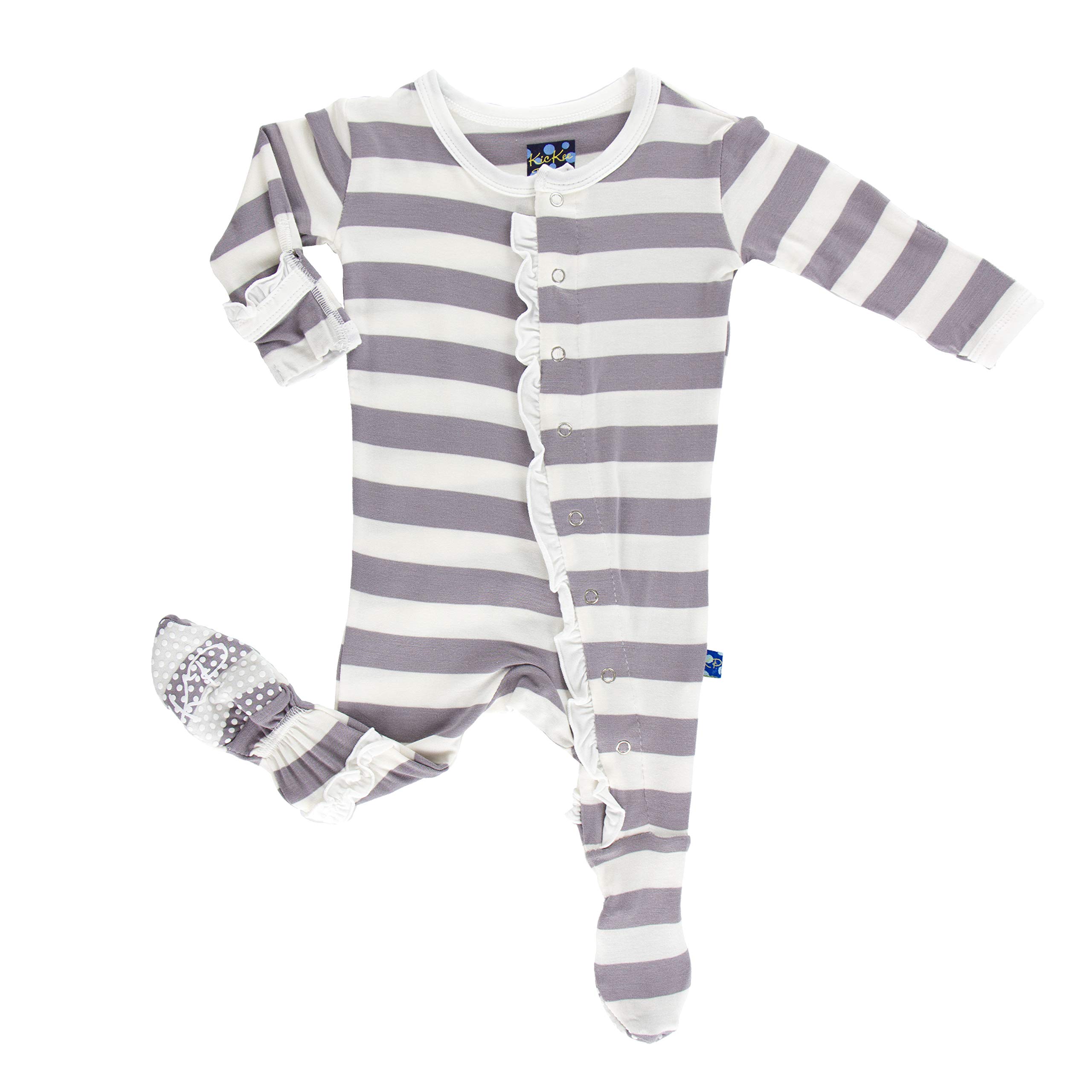 KicKee Pants Print Classic Ruffle Footie with Snaps (6-9 Months, Essentials Feather Contrast Stripe)