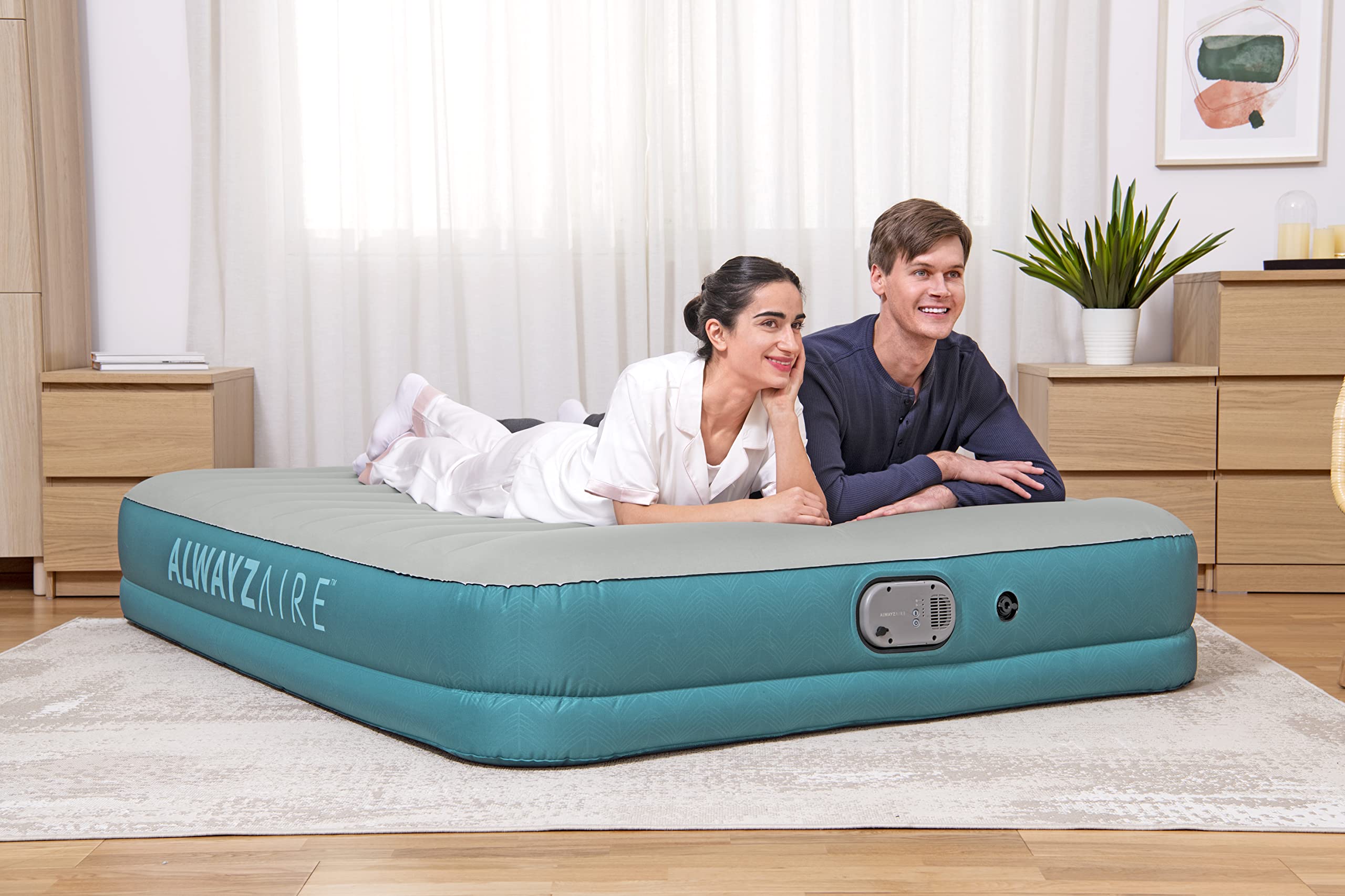 Bestway AlwayzAire Fortech łóżko dmuchane z podwójną pompą zasilaną akumulatorem, Double XL/Lo, 203 x 152 x 36 cm, turkusowe