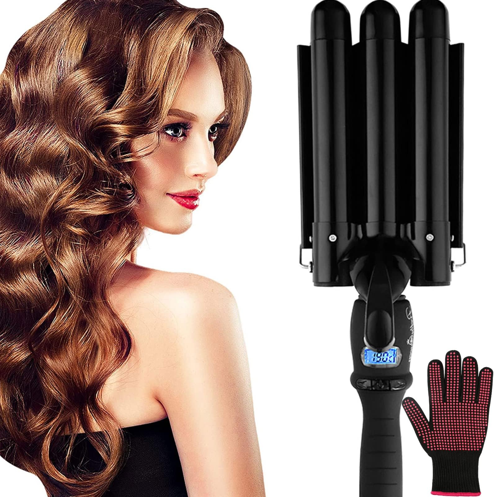 Hair Curling Iron Wand 3 Barrel Dual Voltage 1 Inch Ceramic Hair Waver Iron with