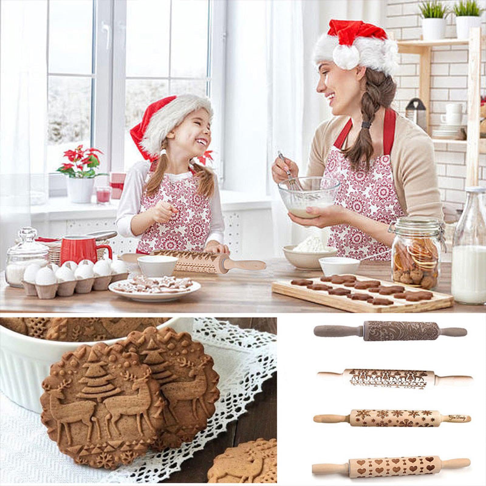 Rodillo de cocina antiadherente con relieve, Rodillo con relieve navideño de 35CM, madera tallada for galletas, galletas, Fondant, masa for hornear, rodillo impreso grabado(E)