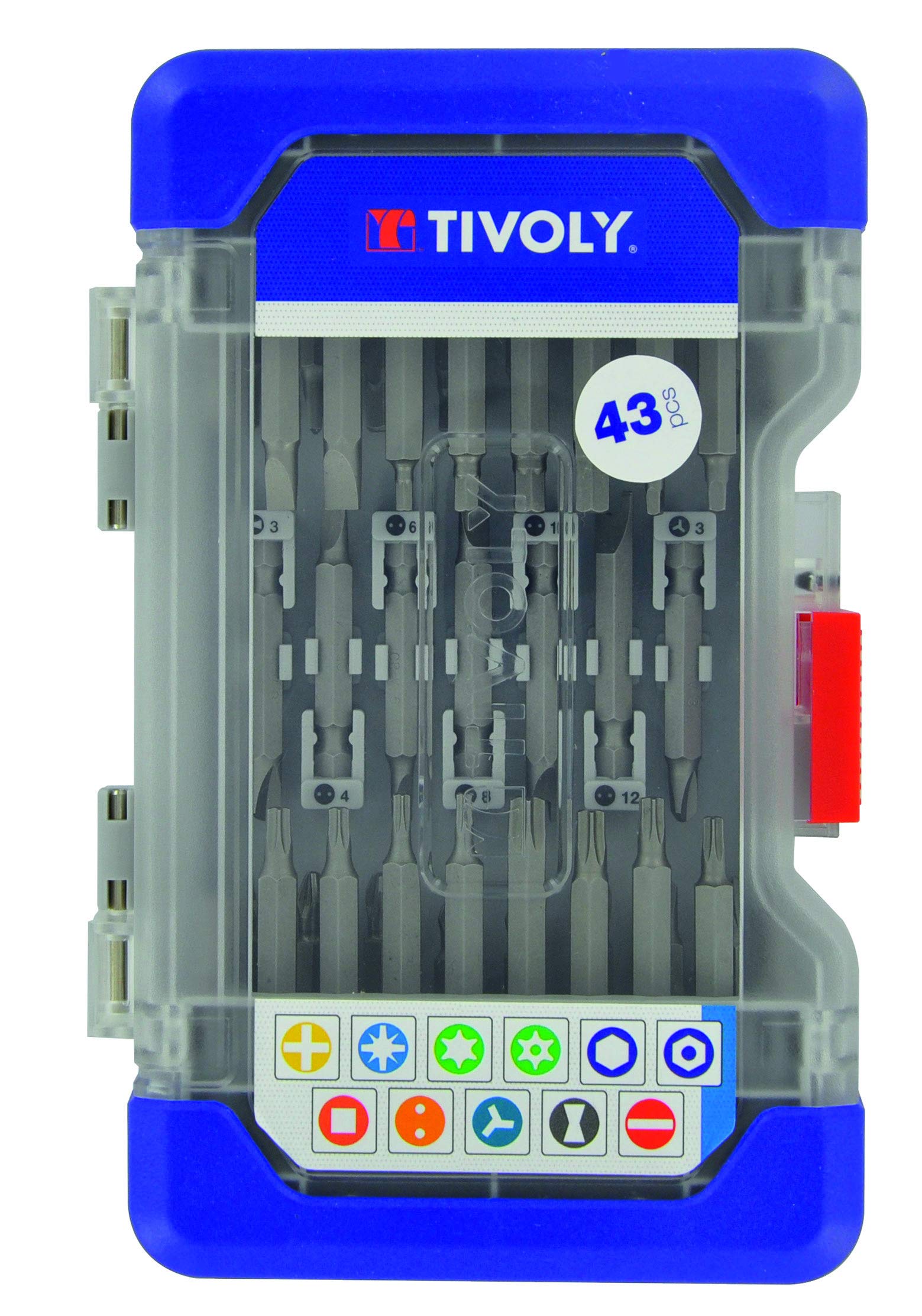 Tivoly - Coffret 43 Pièces Embouts de Vissage Longs - Empreintes pour la Plupart des Vis - Embouts Visseuse Long avec Coffret Ranger Box Antichoc, Couvercle Transparent et Sûreté Antivol