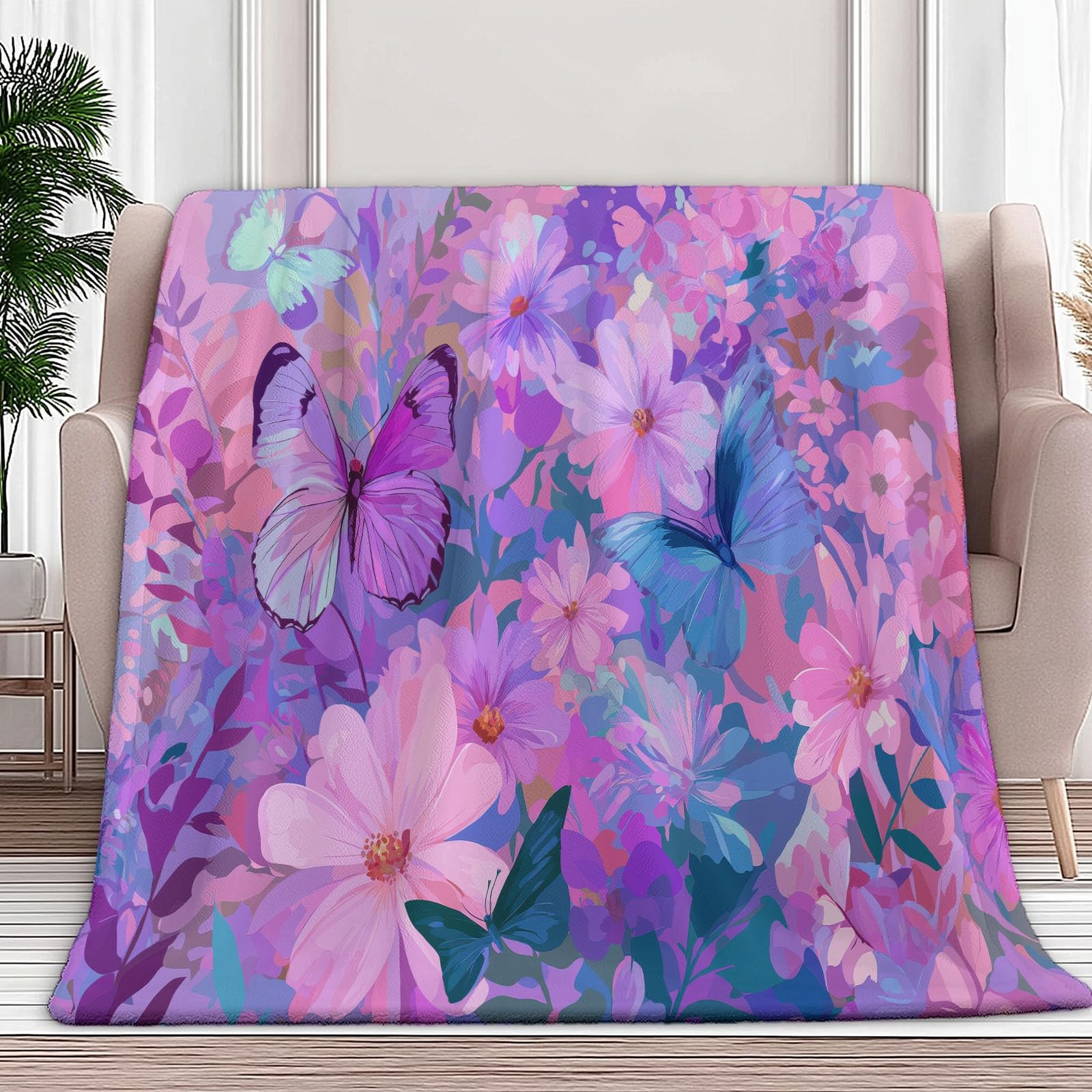 Manta mullida con diseño de animales y mariposas y flores, color rosa, 220 x 240 cm, suave manta de forro polar de microfibra, cálida manta para sofá, cama o sofá