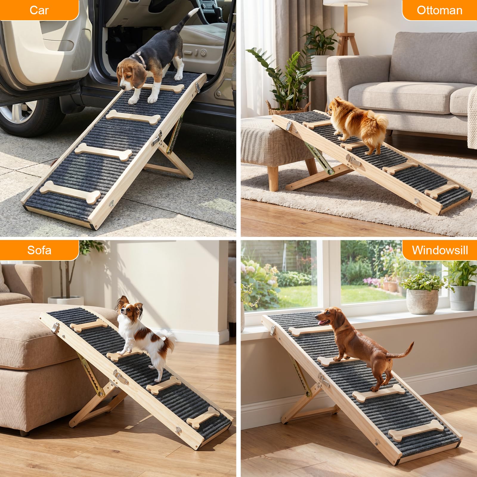 VavoPaw Hunderampe für Sofa und niedrige Möbel, Rampe für Kleine Hunde bis 15 kg, 7 Einstellbar Höhe von 2,4"-18,5" mit rutschfest Matte, Tragbar Hundetreppe für Sofa Couch Treppe