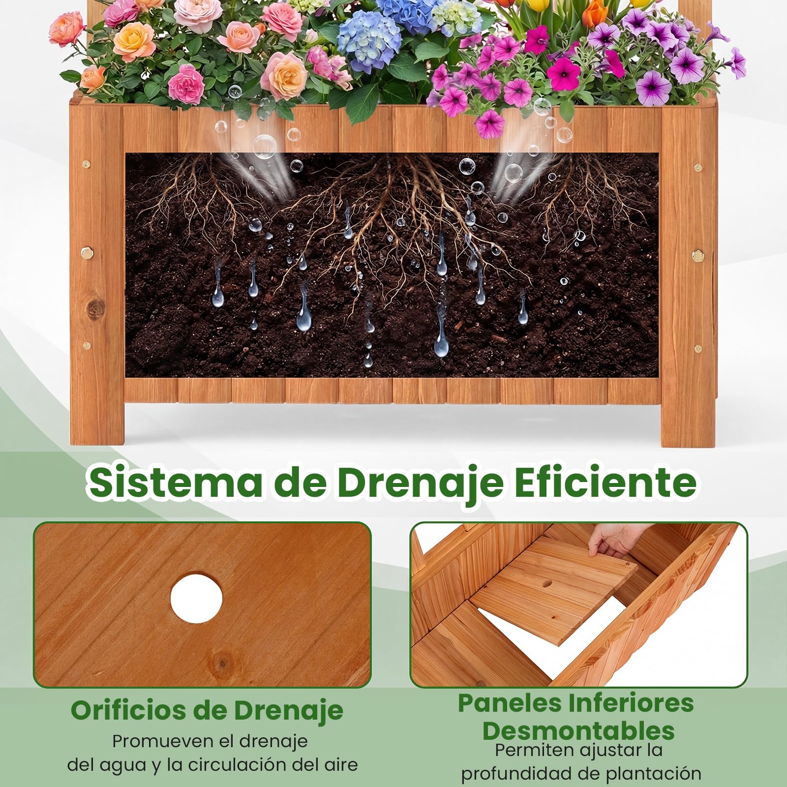 COSTWAY Jardinera con Enrejado de Madera, Jardinera con Celosía y Agujeros de Drenaje, Macetero Elevado para Plantas Trepadoras, Flores, Verduras, Patio, Jardín, Terreza (Marrón,61x30x121 cm)
