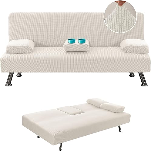 H.VERSAILTEX 4 fundas elásticas para futón, funda para sofá cama con reposabrazos extraíbles y portavasos, protector de muebles de alta elastano con