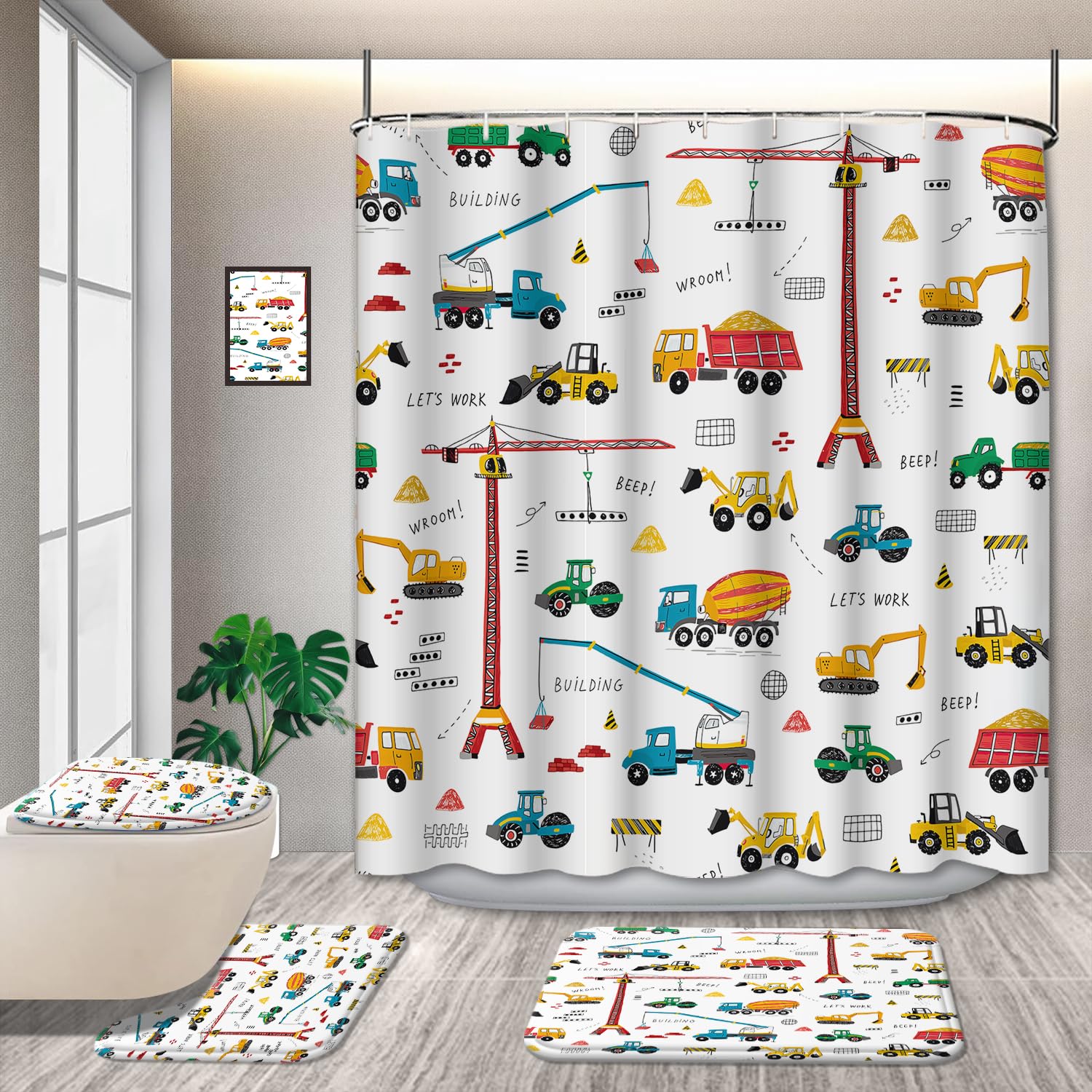 GRIEKOWE 4 Pcs Excavator Kids Shower Curtain Sets, Tractor Machinery Trucks, Construction Vehicle Shower Curtain for Boys, Bulldozer Crane Bath