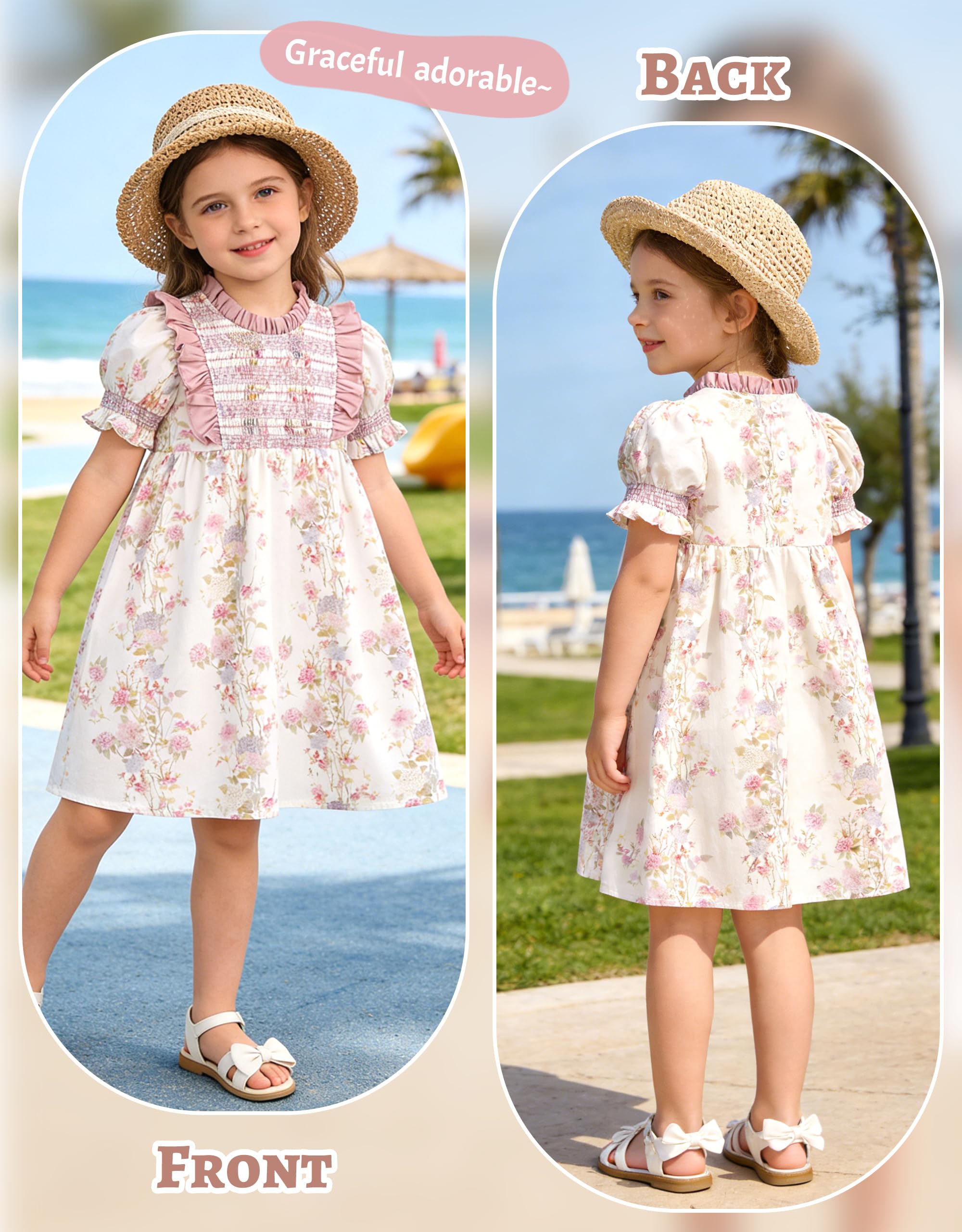 Miipat Vestidos de Algodón para Niñas, Vintage Vestidos Estampado Floral Fruncidos de Verano Mangas Abullonadas y Cuello Peter Pan Vestido Casuales para Niños