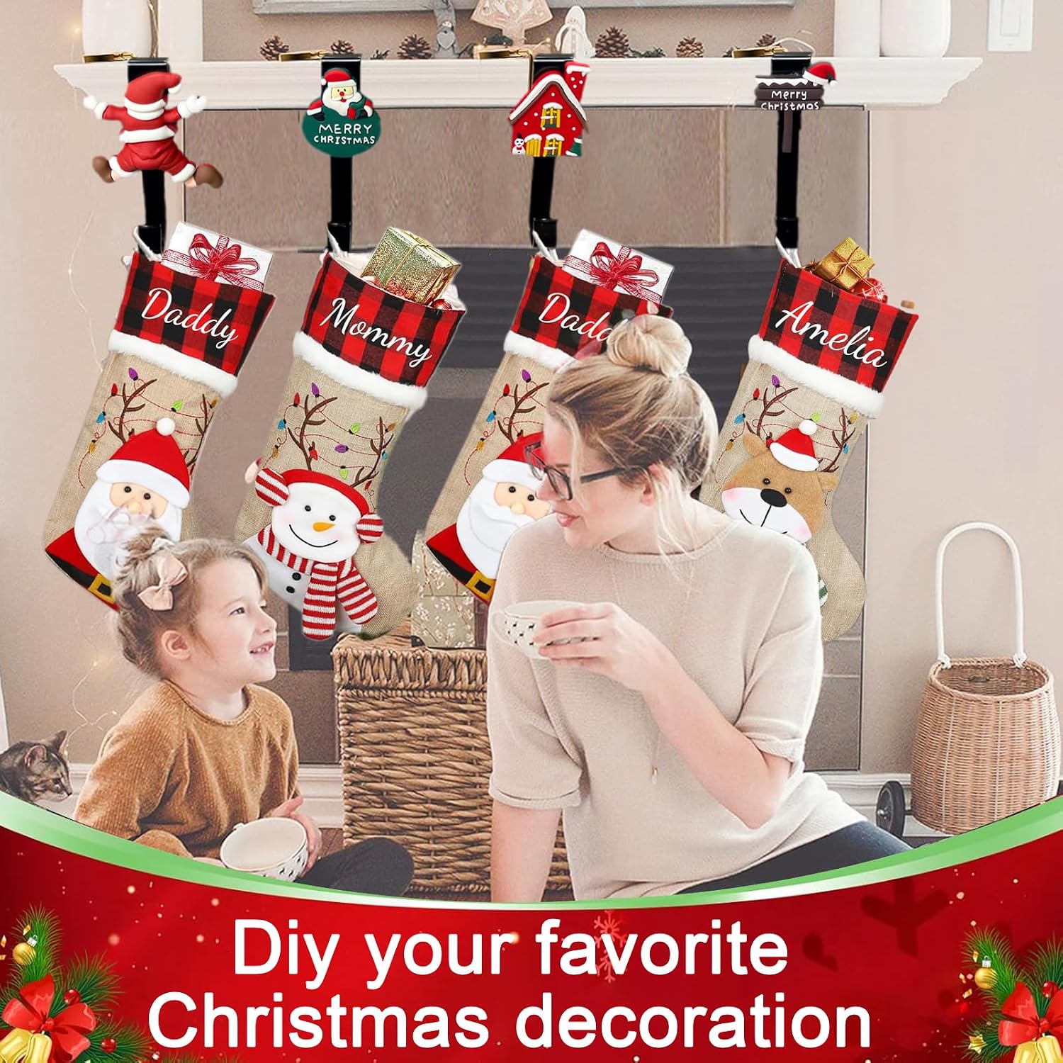 Gaoikerr Christmas Stocking Holder for Mantle 4 Pack Stocking Holders Fireplace Stocking Hangers Christmas Stockings Hooks for Xmas Decoration