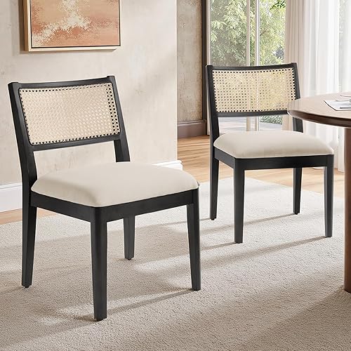 Miniatura 11 de HULALA HOME Juego de 4 sillas de comedor de ratán, sillas de comedor de cocina francesa de madera maciza con respaldo curvo, silla tapizada para