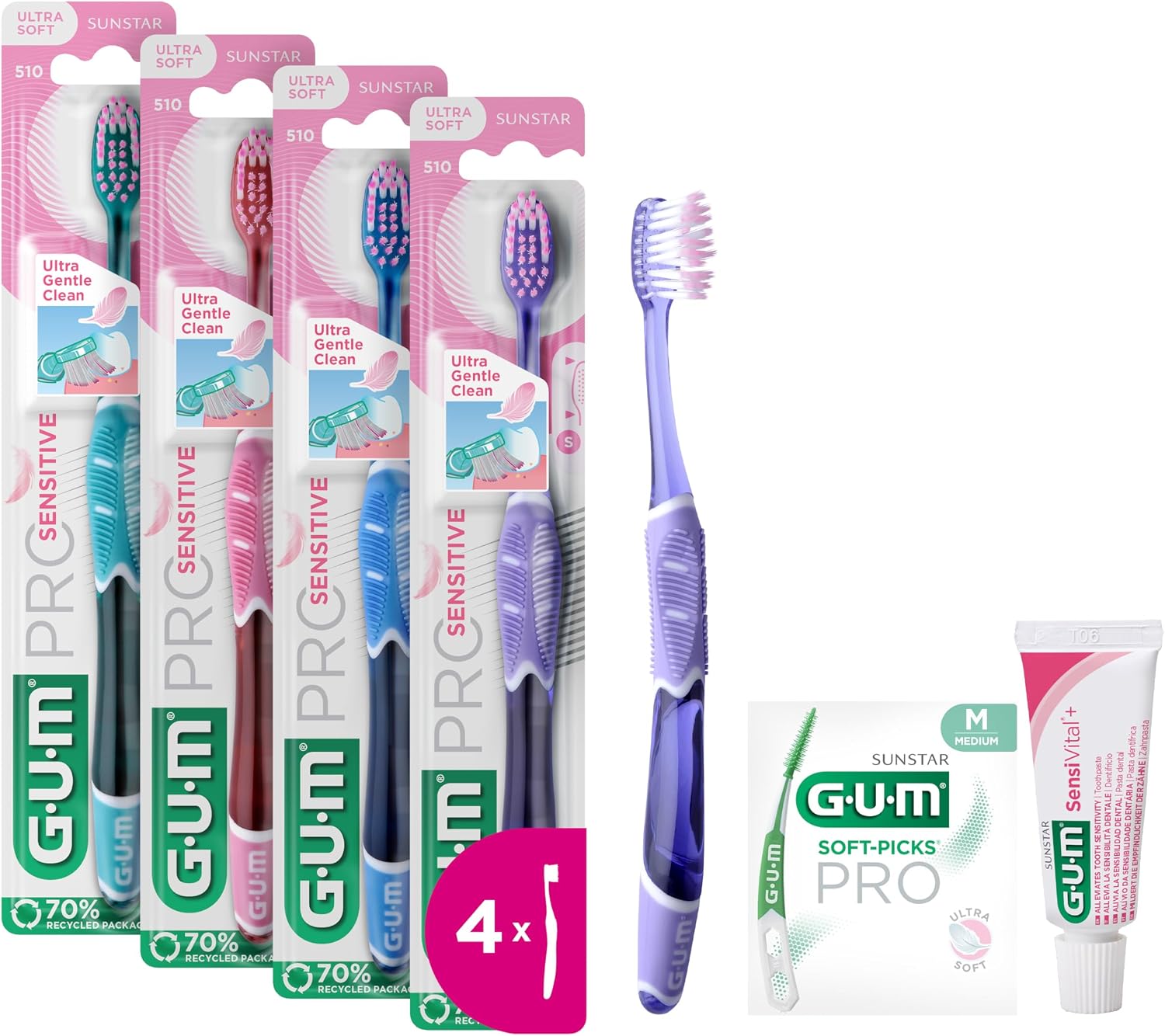 GUM PRO SENSITIVE Toothbrush Ultra Soft Bristles for Sensitive Teeth and Gums Compact Head 4 x 1 Piece with 1 Free Sample