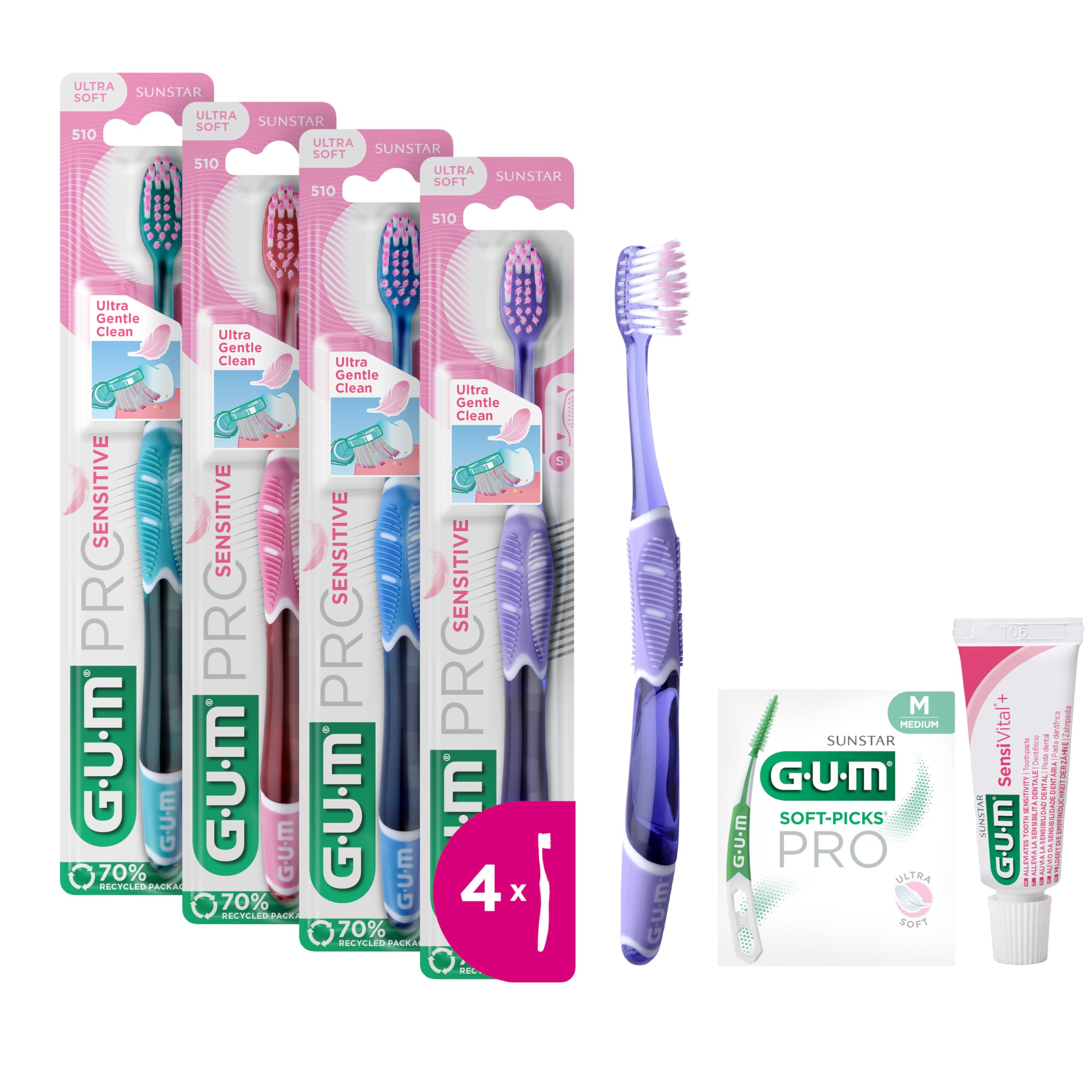 GUM PRO SENSITIVE Spazzolino da denti | setole ultramorbide per denti e gengive sensibili | testina compatta | 4 x 1 pezzo (con 1 campione omaggio)