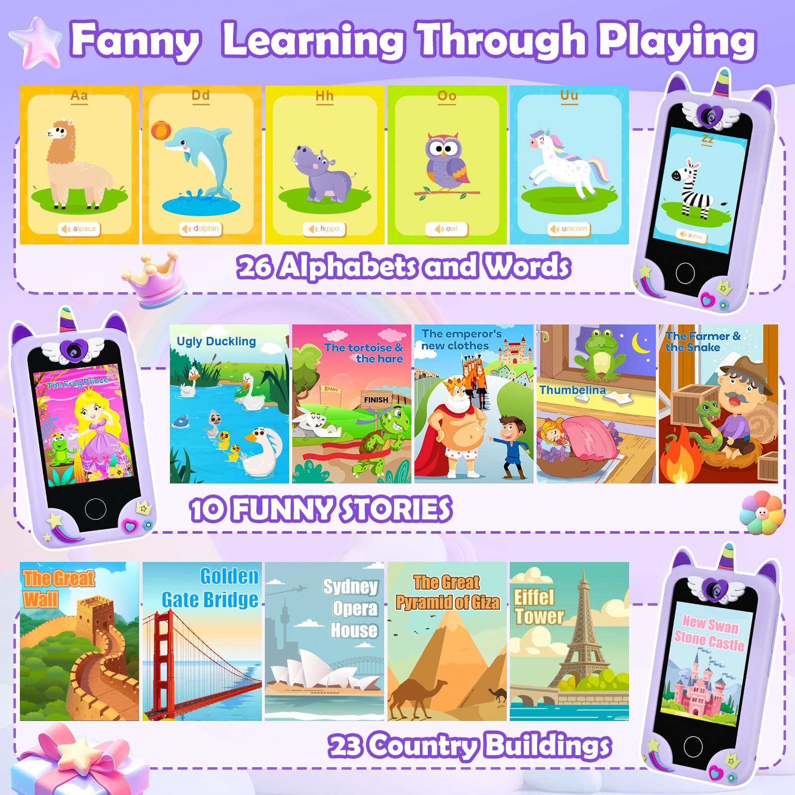 Telefono Giocattolo per Bambini - Smartphone Per Bambini, Cellulare per Ragazze, Regalo Giocattoli per Bambina 3 - 10 anni Compleanno Natale, 2,8" Cellulare Giocattolo Educativo (Viola con Borsa)