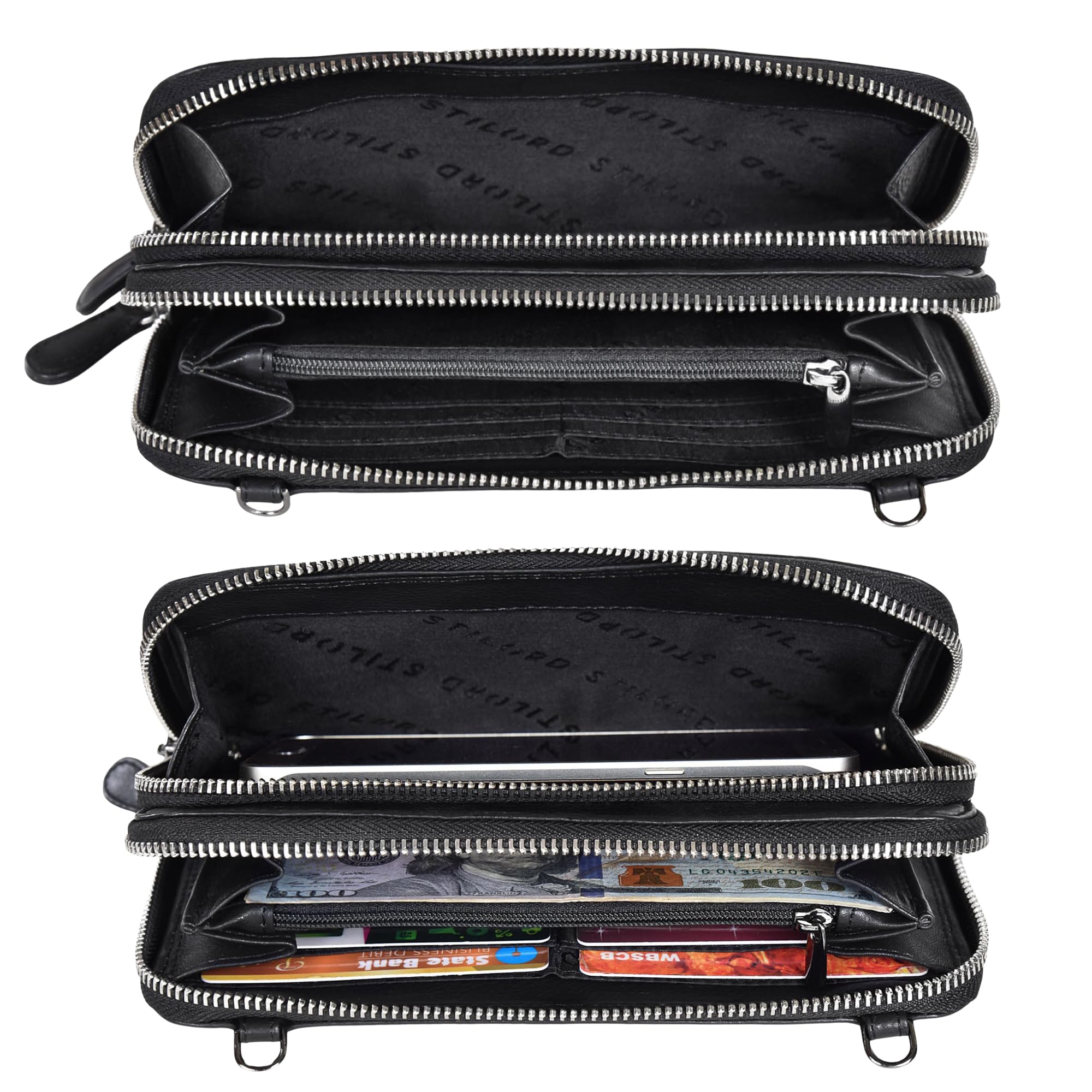 STILORD "Fara Handytasche mit Geldbörse zum Umhängen Damen Leder Umhängetasche Klein Echtleder Tasche und Geldbörse Retro Portemonnaie Frauen Farbe:schwarz