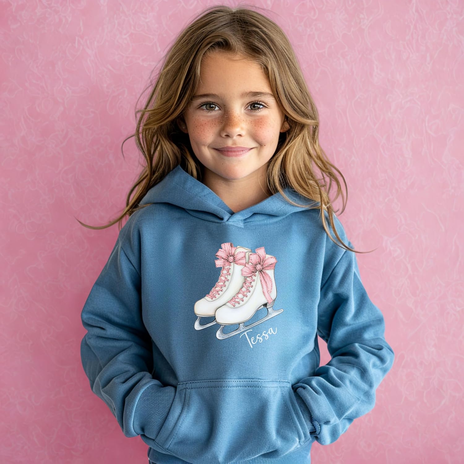 Personalized Ice Skating Hoodie for Girls, Custom Name Hooded Sweatshirt with Figure Skates and Pink Bow, Youth Ice Skater Gift, Figure Skating Shirt, Kids Winter Sports Apparel