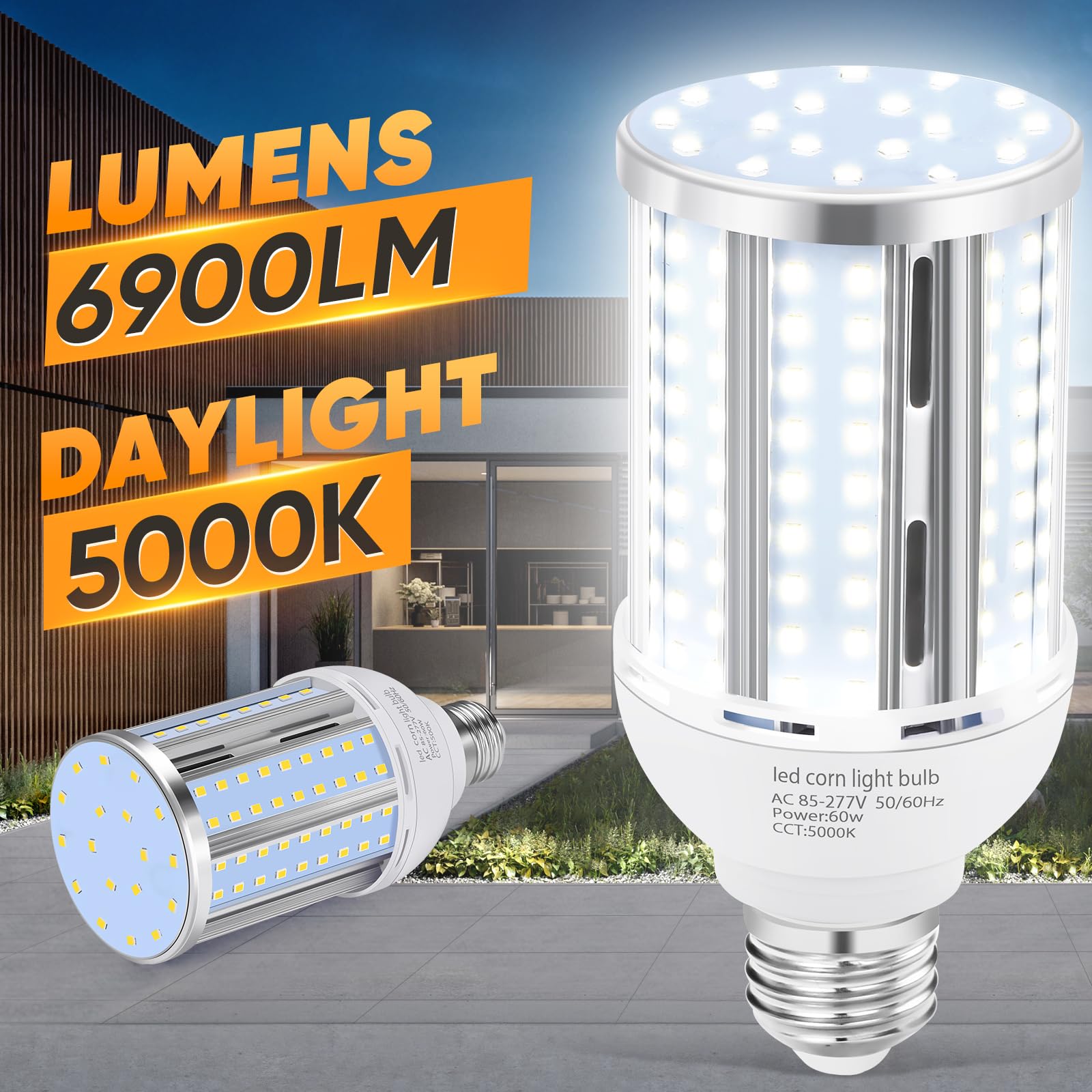 Bombilla LED de maíz de 60 W (paquete de 2), (equivalente a 600 vatios) sin ventilador E26/E39 mediano/grande, base de mogul LED, lámpara de mazorca de 5000 K, luz diurna 6.900 lm, para exteriores