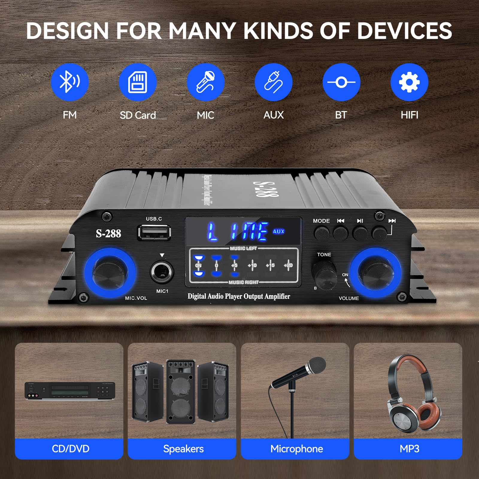 Ricevitori stereo a 4 canali Amplificatore audio domestico Bluetooth 5.0, RMS 50Wx4 Max 1200W HiFi amplificatore di potenza, USB/SD/FM, ricevitore audio domestico di classe D per Home Theate