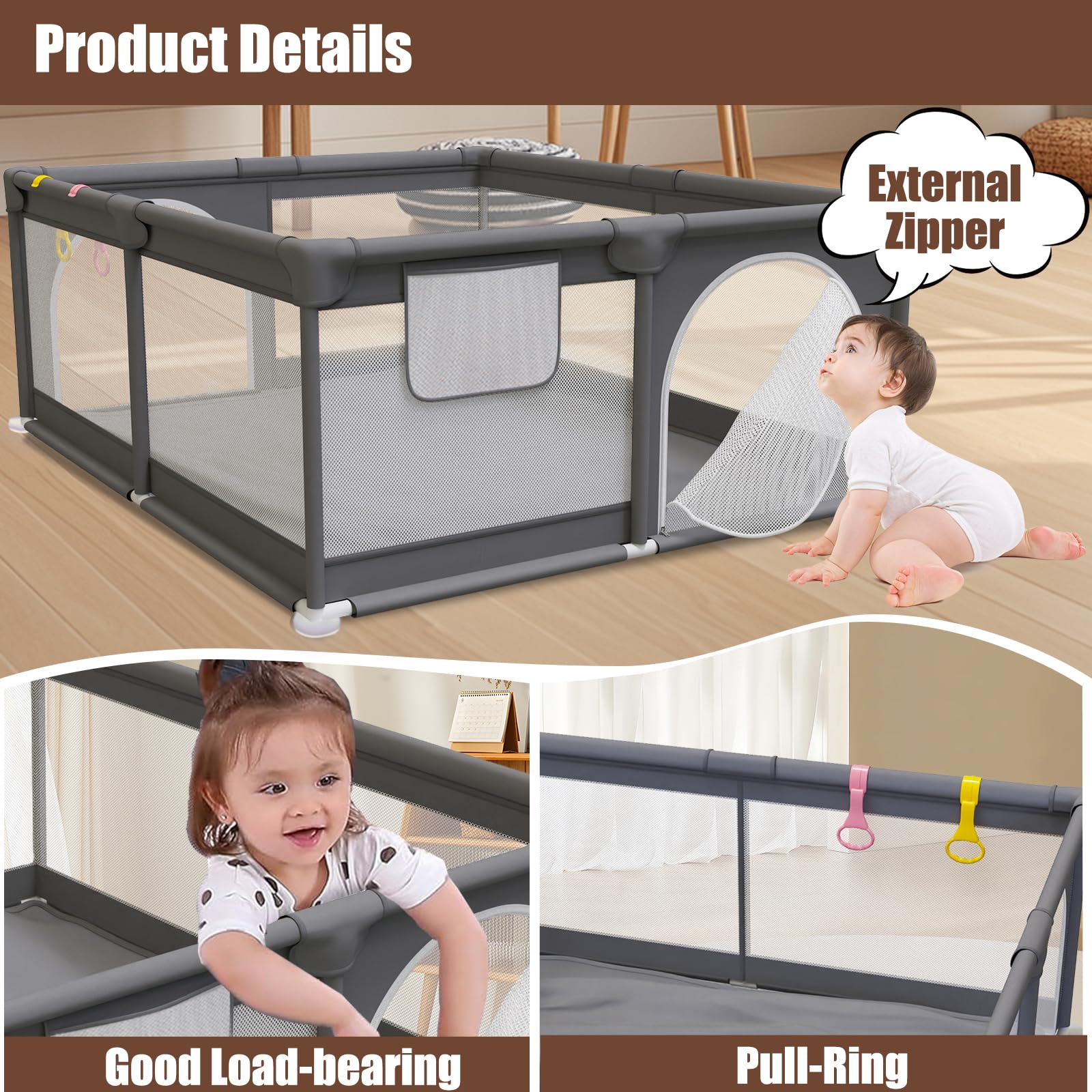 Box per bambini, 150 x 180 cm, con 2 anelli di trazione | base antiscivolo, porta con cerniera interna, tessuto Oxford impermeabile, tubi in acciaio ispessito