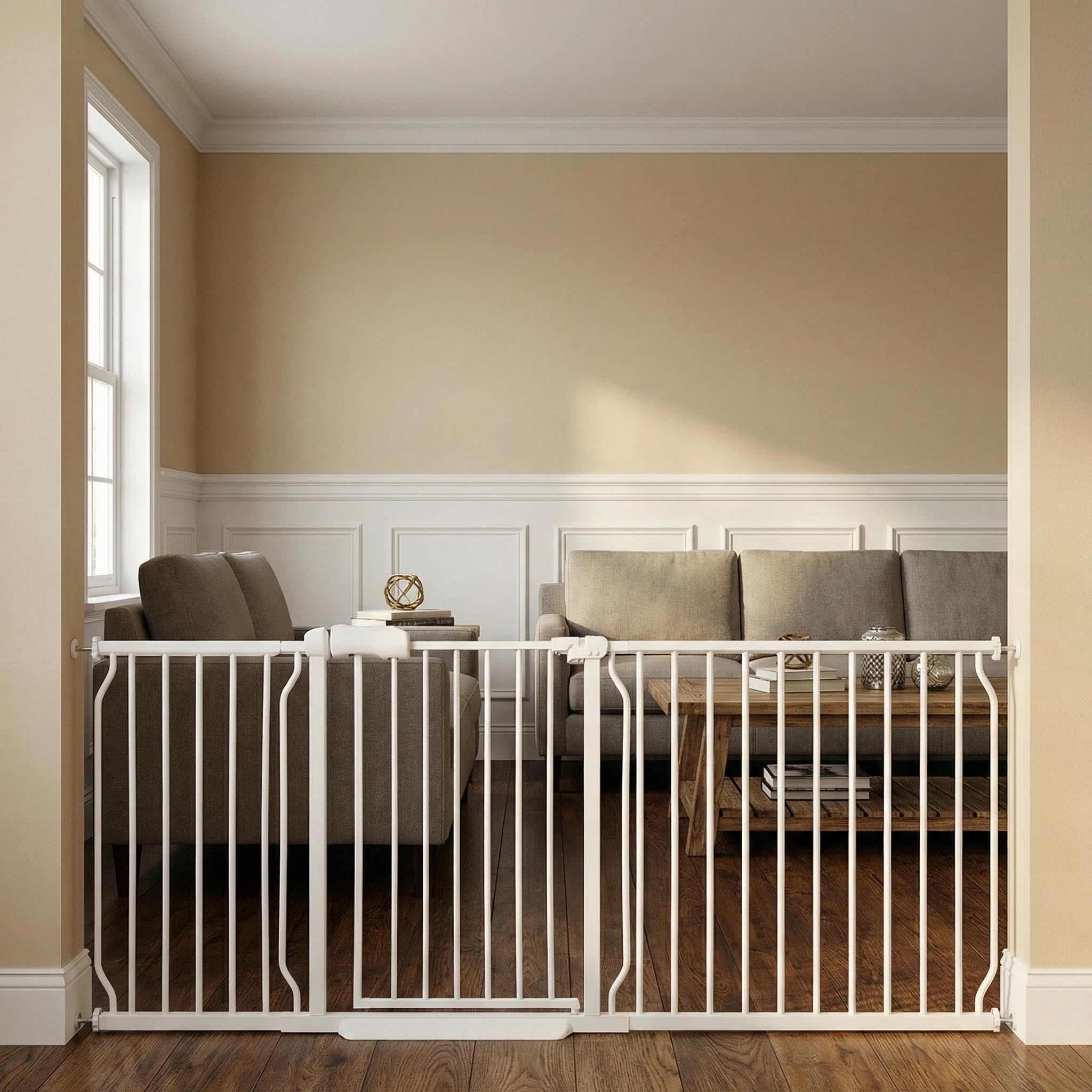Puertas para bebés extra anchas de 71.5 a 76.4 pulgadas, grandes puertas para bebés para escaleras, puertas de tensión para mascotas, puertas para perros y mascotas, para interiores, sin