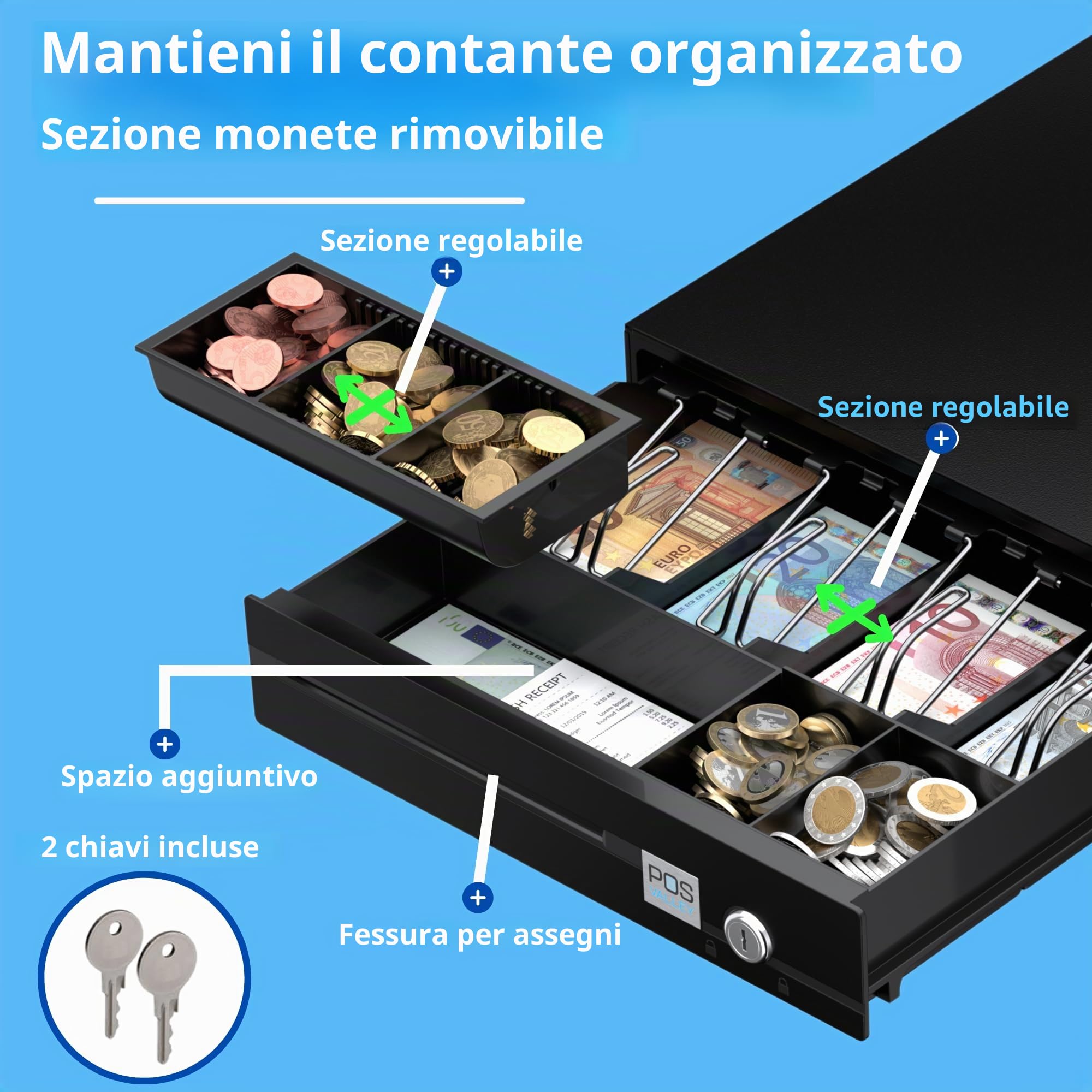 Cassetto Cassa Piccolo In Ferro Porta Banconote e Monete (euro) Apertura Automatica POS Stampante RJ e Registratore di Cassa, 33x37 cm, (Nero + Porta Tablet)